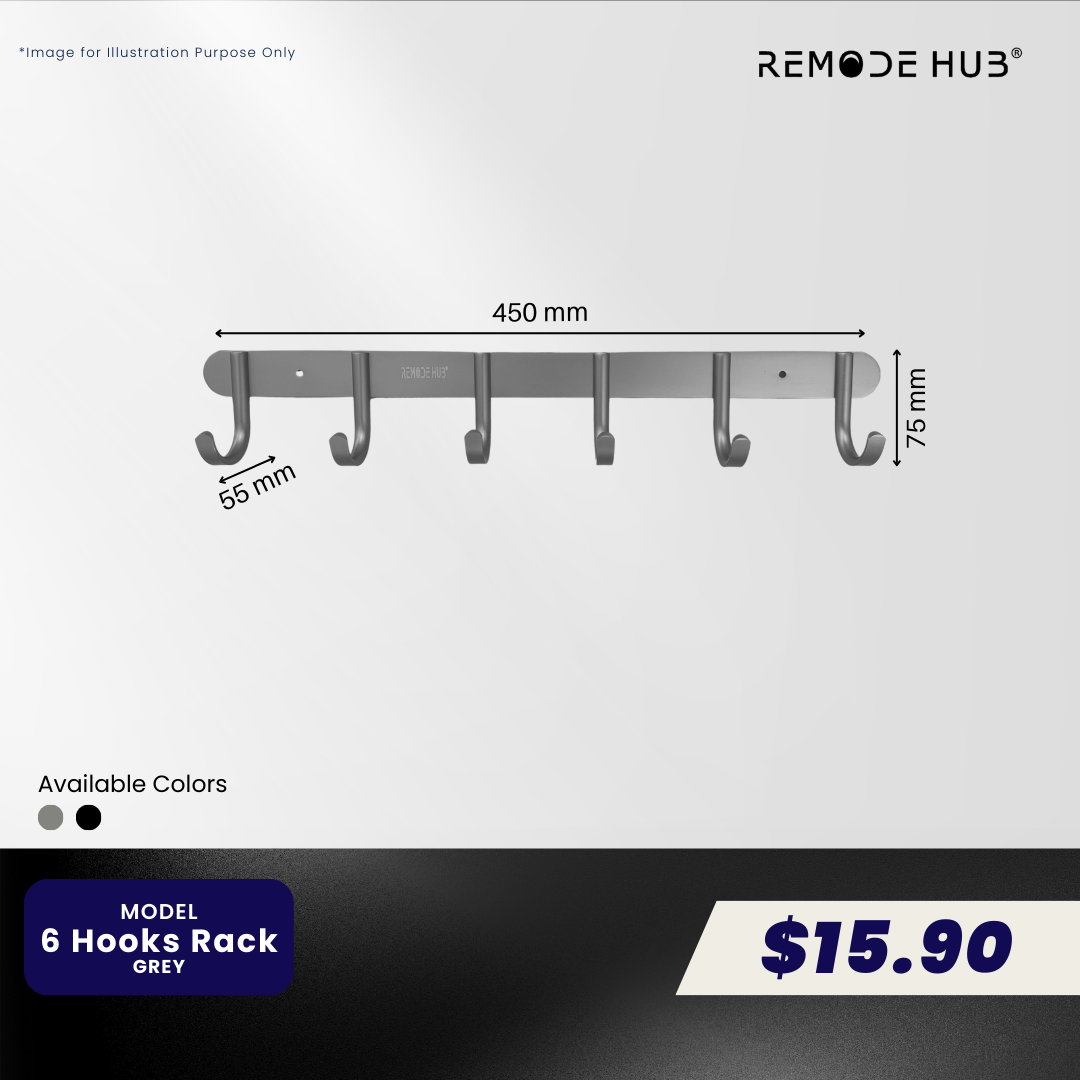 6 HOOKS RACK - GREY