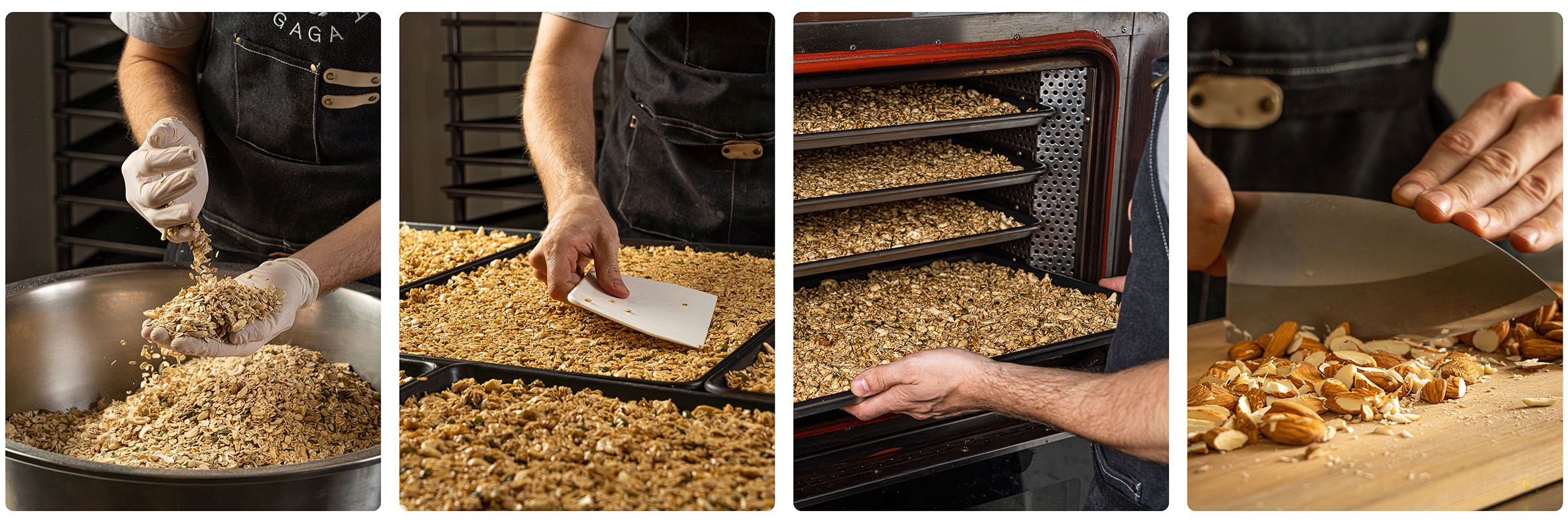 展示不同製作穀卡卡堅果燕麥脆片的過程