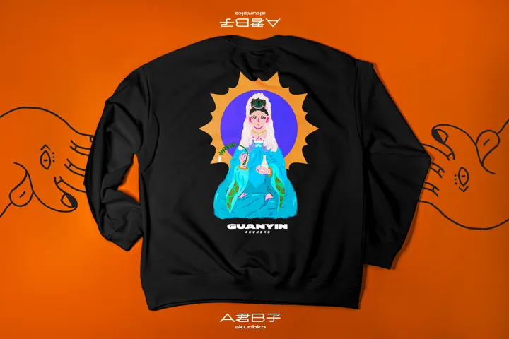 A君B子 akunbko 摩登宗教藝術系列【全頻守護】觀音落肩大學T 黑色 超重磅款 / Akunbko Modern Religious Art Guanyin Heavy Weight Drop Shoulder Sweatshirt Black / A君B子 台湾文創 観音菩薩 ヘビーウェイト ドロップショルダースウェット ブラック