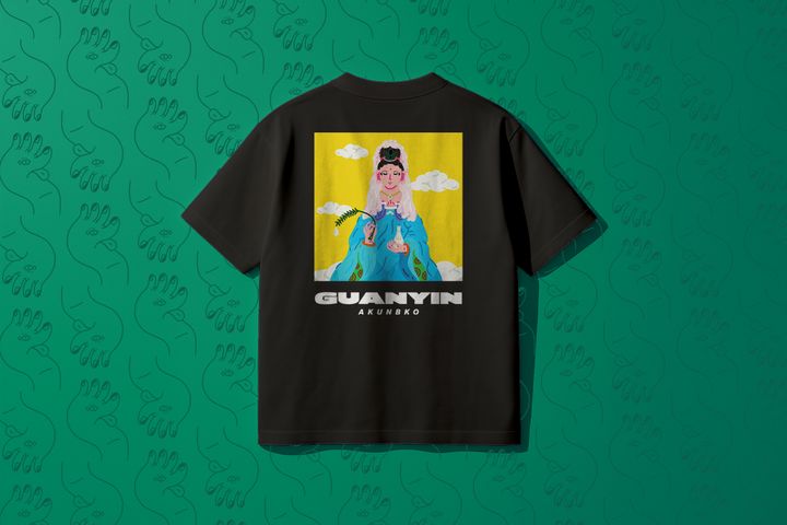 A君B子 akunbko 摩登宗教藝術系列【全頻守護】觀音落肩T恤 黑色 重磅款 / Akunbko Modern Religious Art Guanyin Heavy Weight Drop Shoulder Tee Black / A君B子 台湾文創 観音菩薩 ヘビーウェイト ドロップショルダーTシャツ ブラック