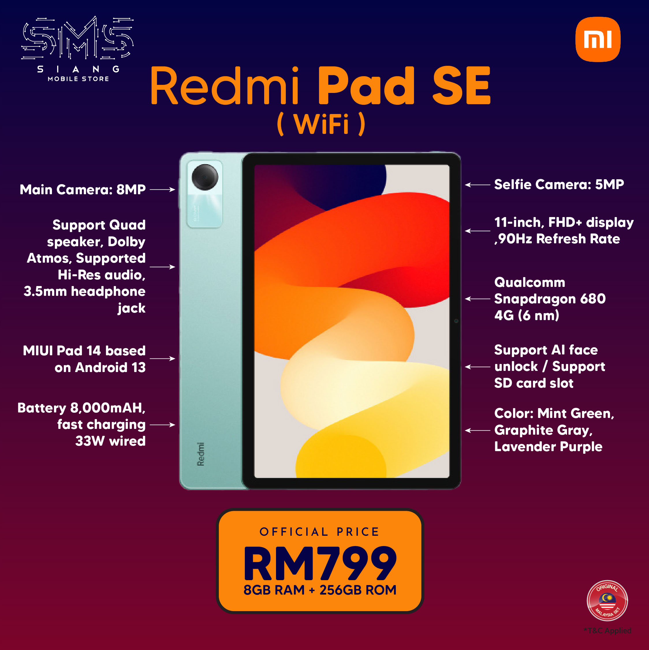 Xiaomi Redmi Pad SE WiFi (8GB RAM 256GB ROM)(Mint Green)