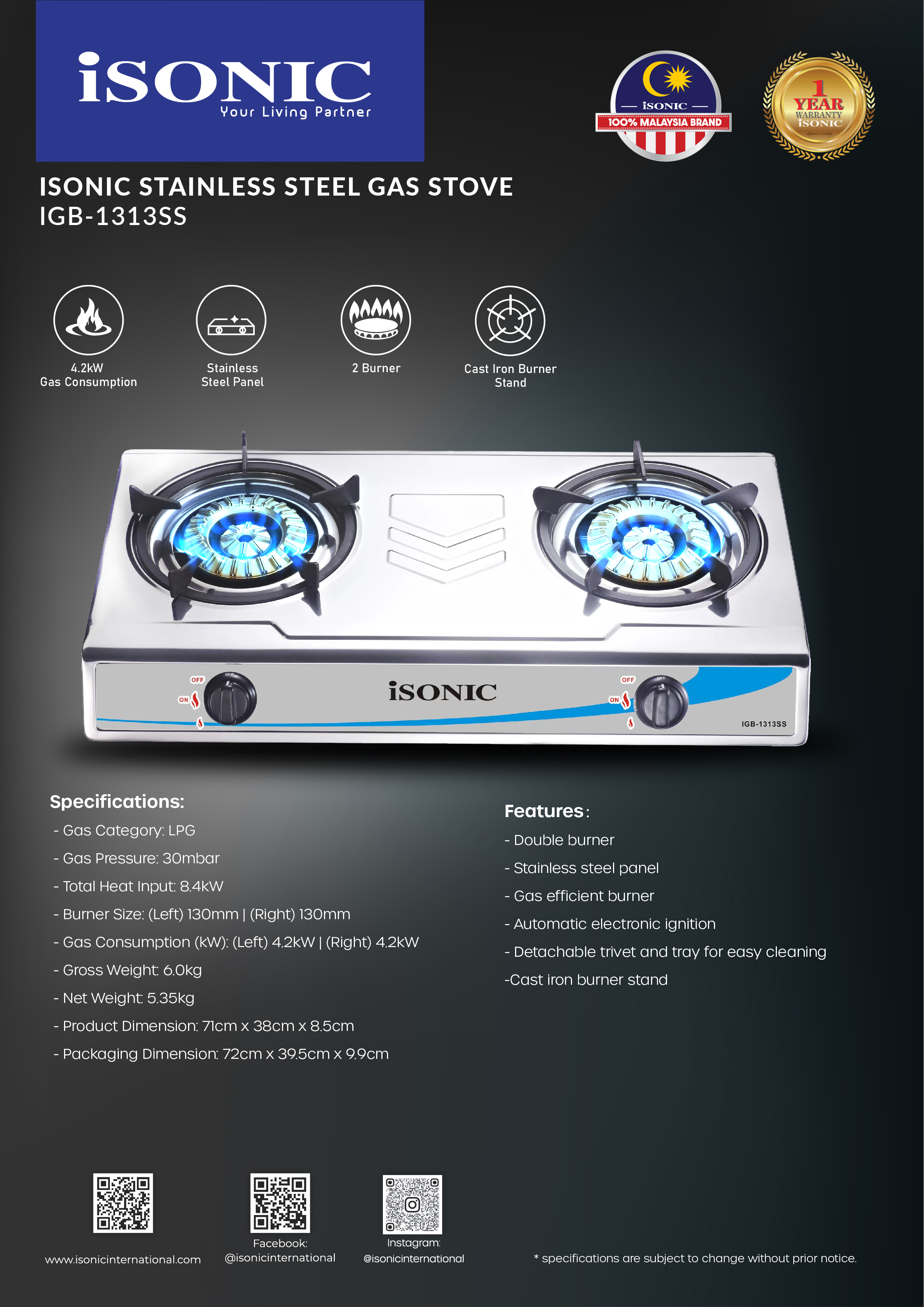 ISONIC IGB-1313SS STAINLESS STEEL GAS STOVE (1)