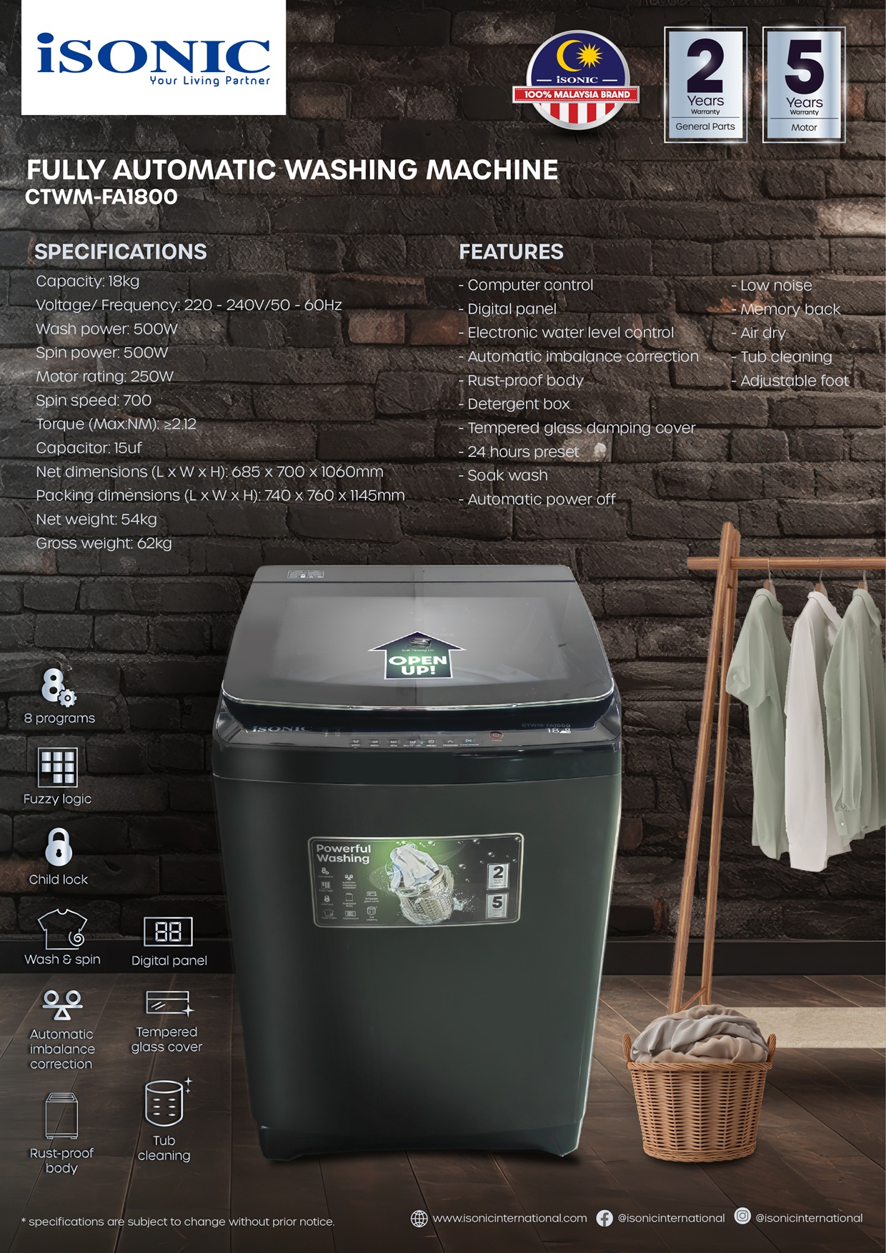 ISONIC CTWM-FA1800 Fully Automatic Washing Machine