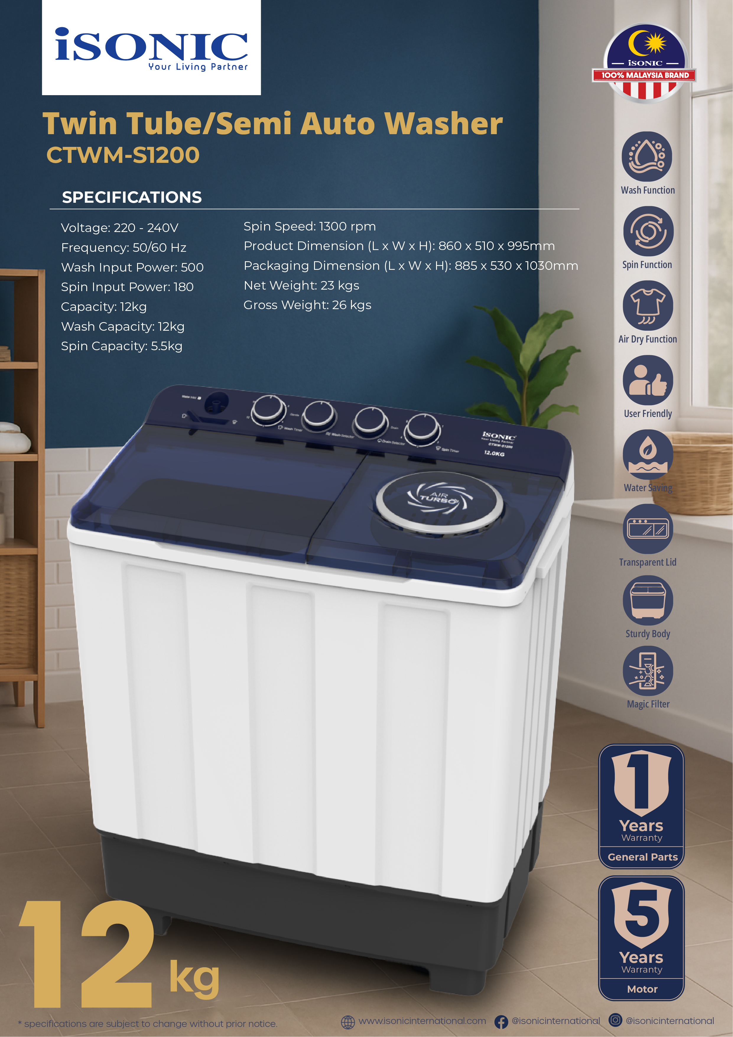 ISONIC_CTWM-S1200_Washing Machine