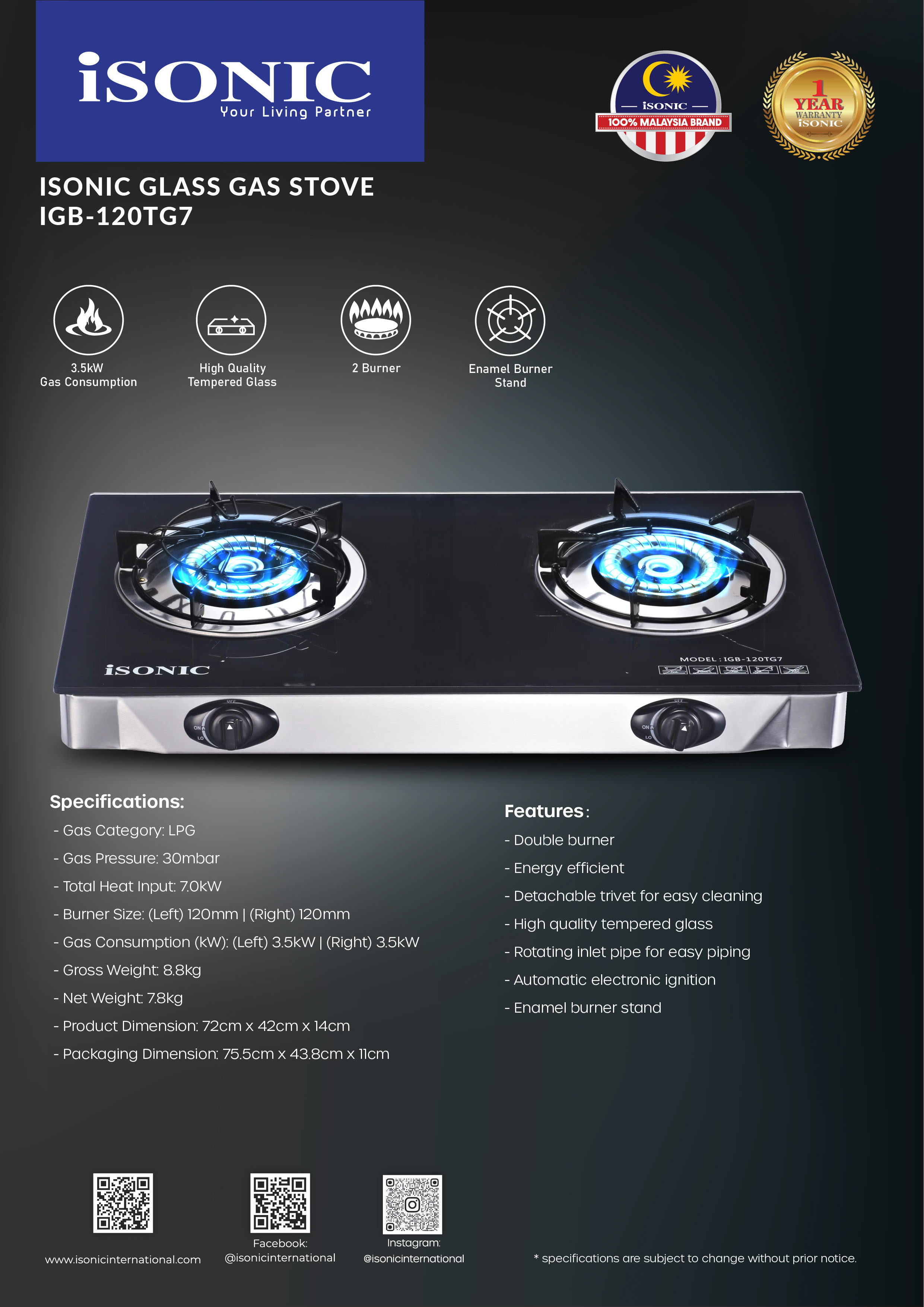 ISONIC IGB-120TG7 GLASS GAS STOVE