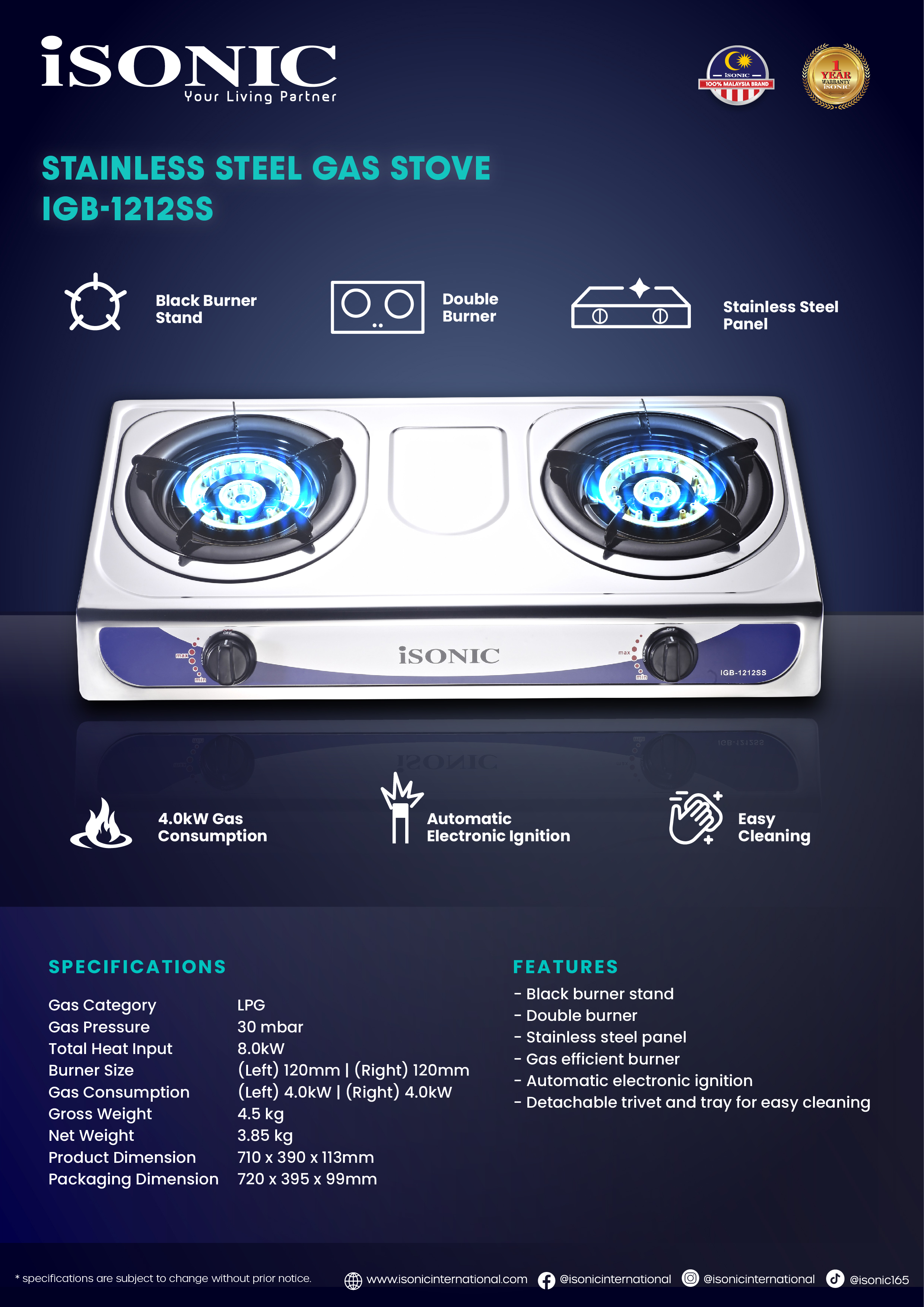 ISONIC IGB-1212SS STAINLESS STEEL STOVE-01-01
