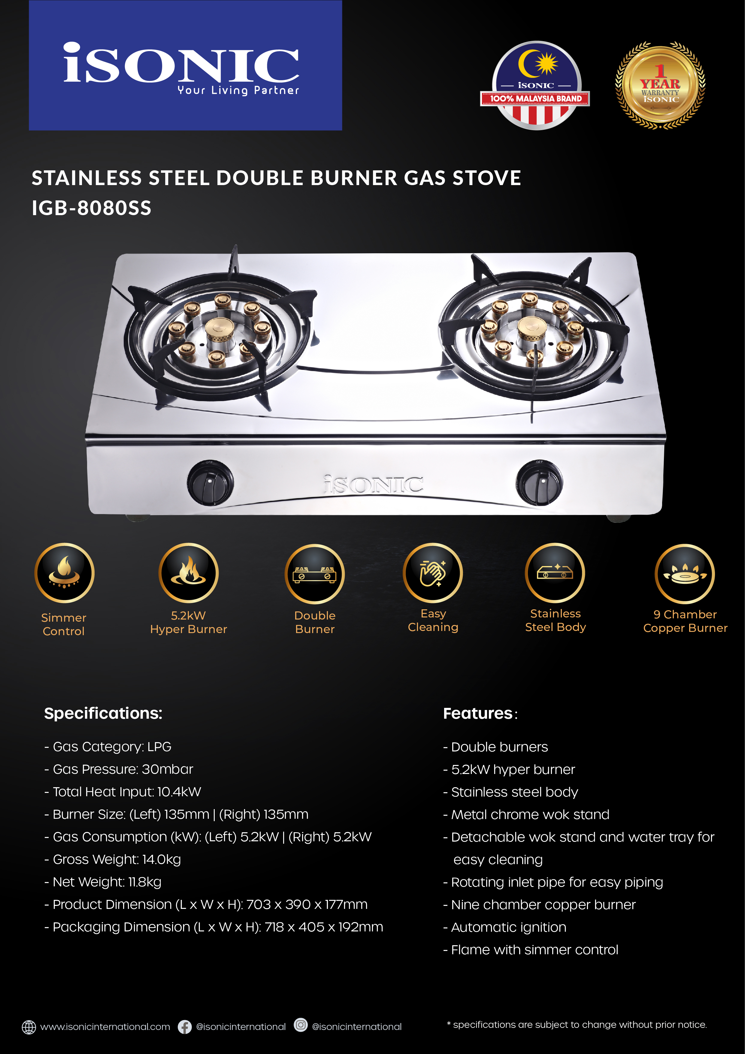 ISONIC IGB-8080SS STAINLESS STEEL DOUBLE BURNER GAS STOVE-01