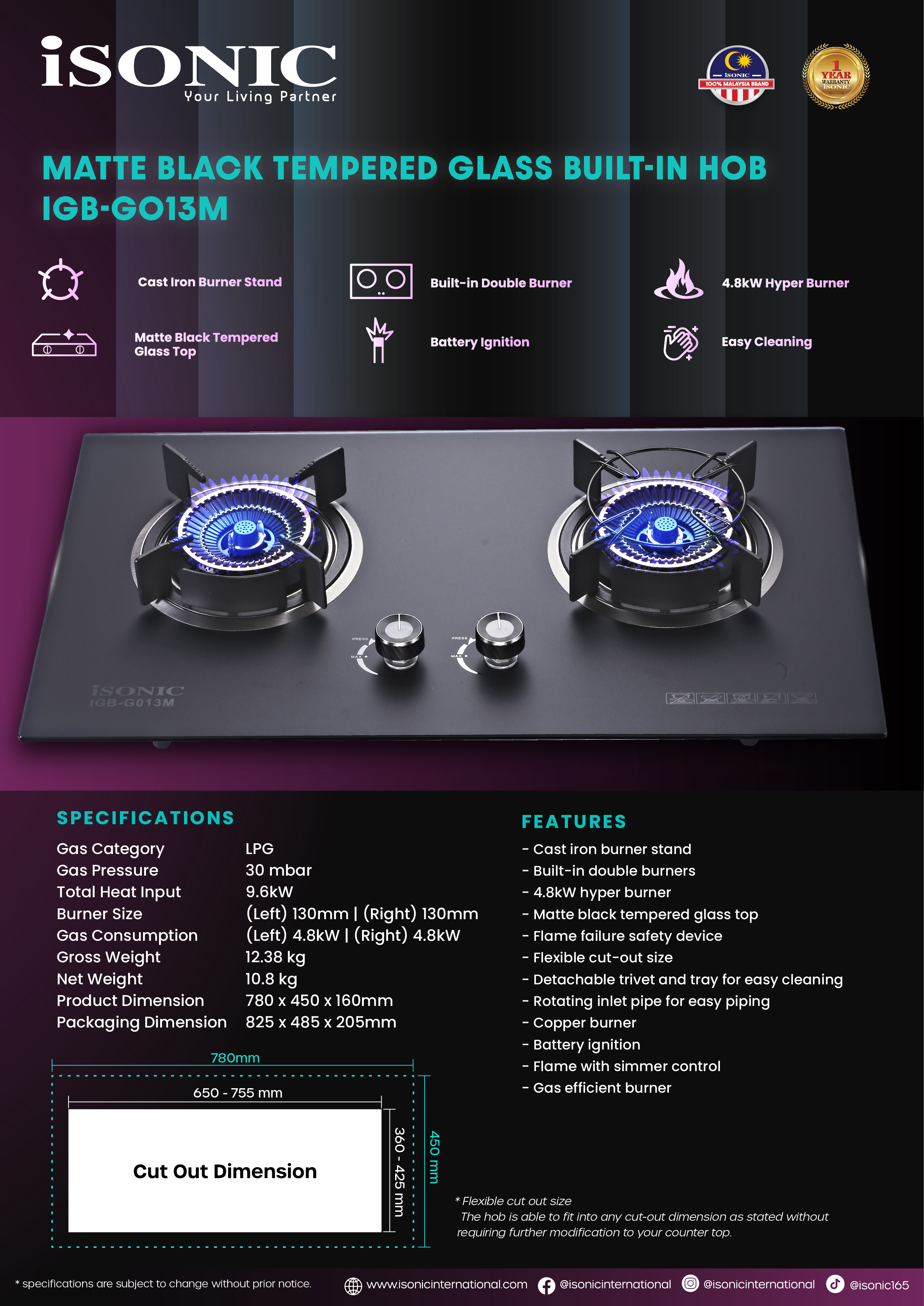 ISONIC IGB-G013M MATTE BLACK TEMPERED GLASS BUILT-IN HOB-01-01