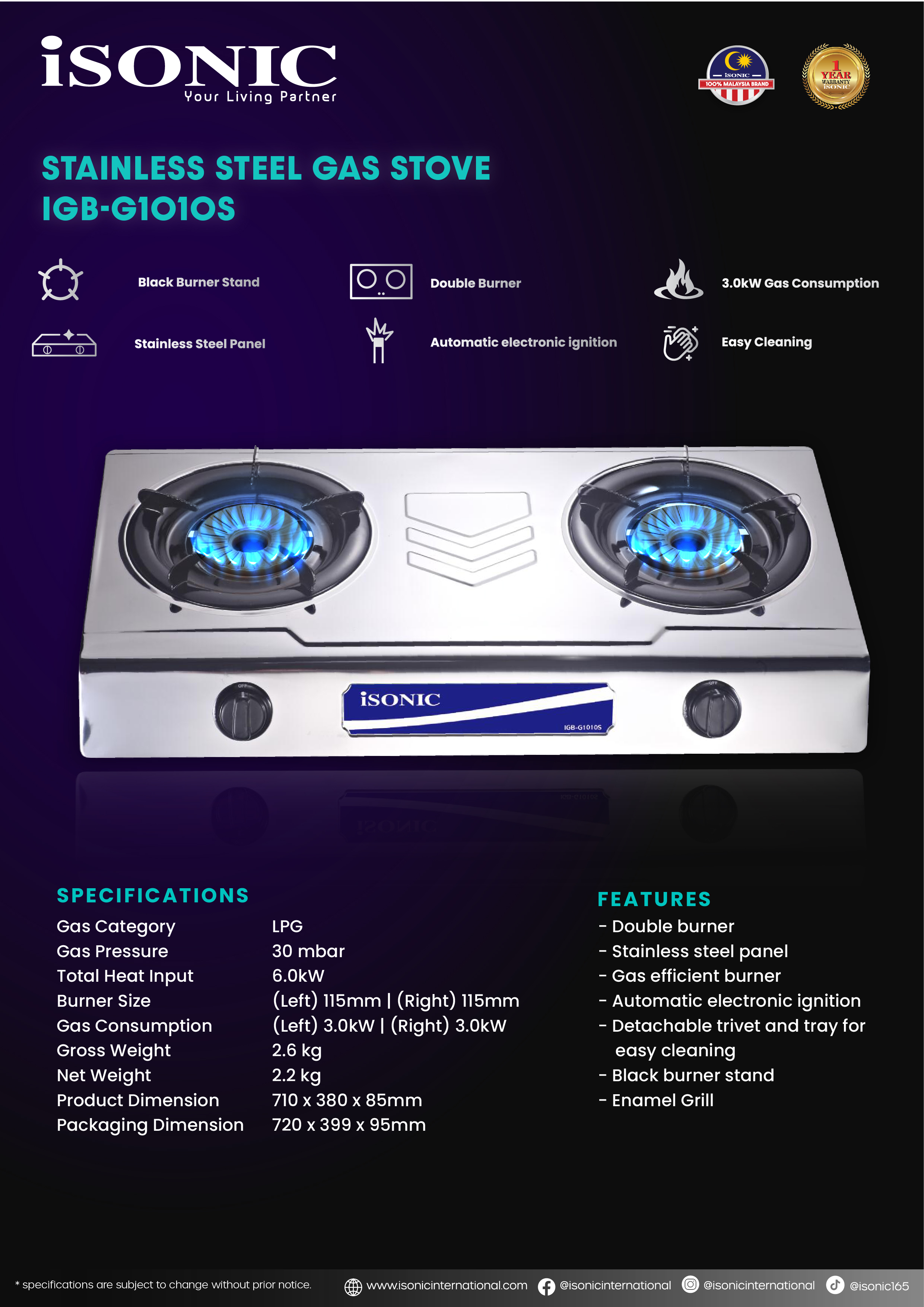 ISONIC IGB-G1010S STAINLESS STEEL GAS STOVE-01