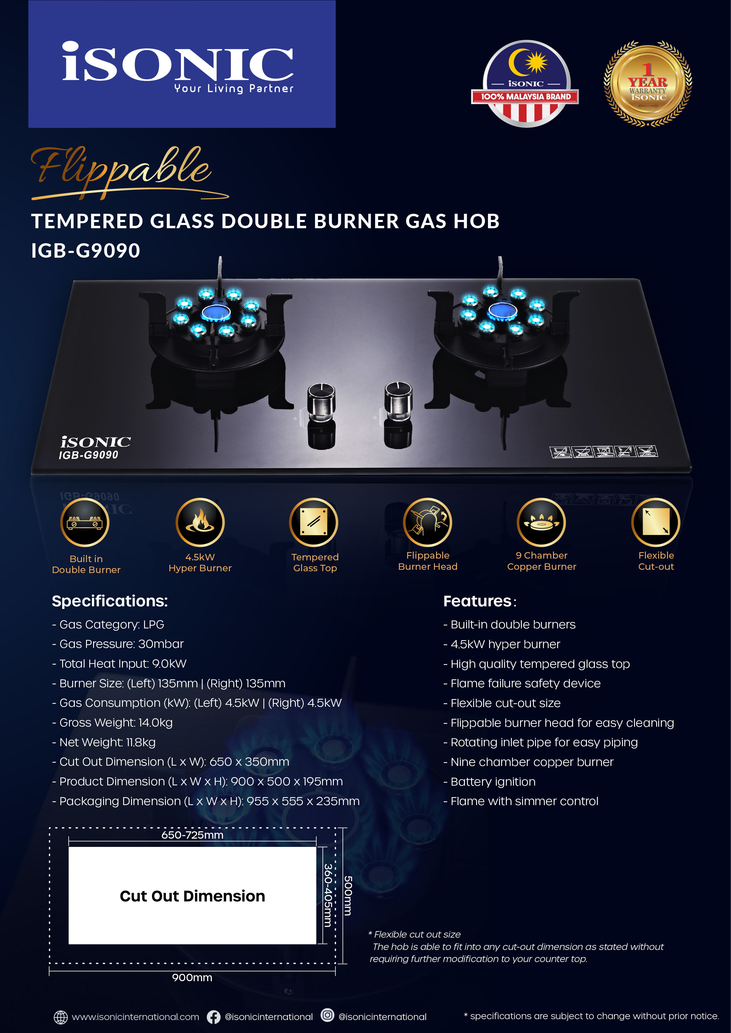 ISONIC IGB-G9090 FLIPPABLE TEMPERED GLASS DOUBLE BURNER GAS HOB-01