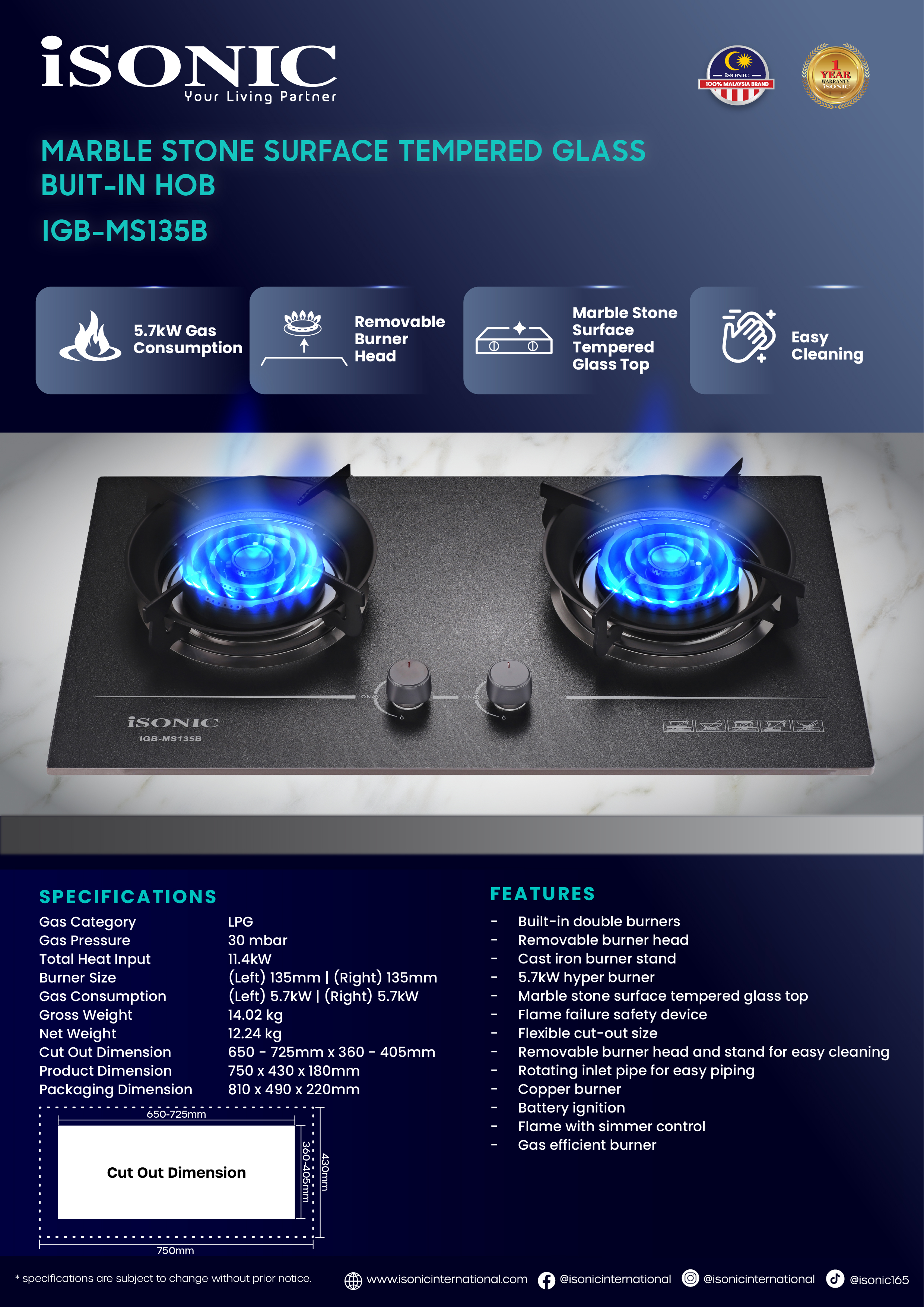ISONIC IGB-MS135B MARBLE STONE SURFACE TEMPERED GLASS BUILT-IN HOB