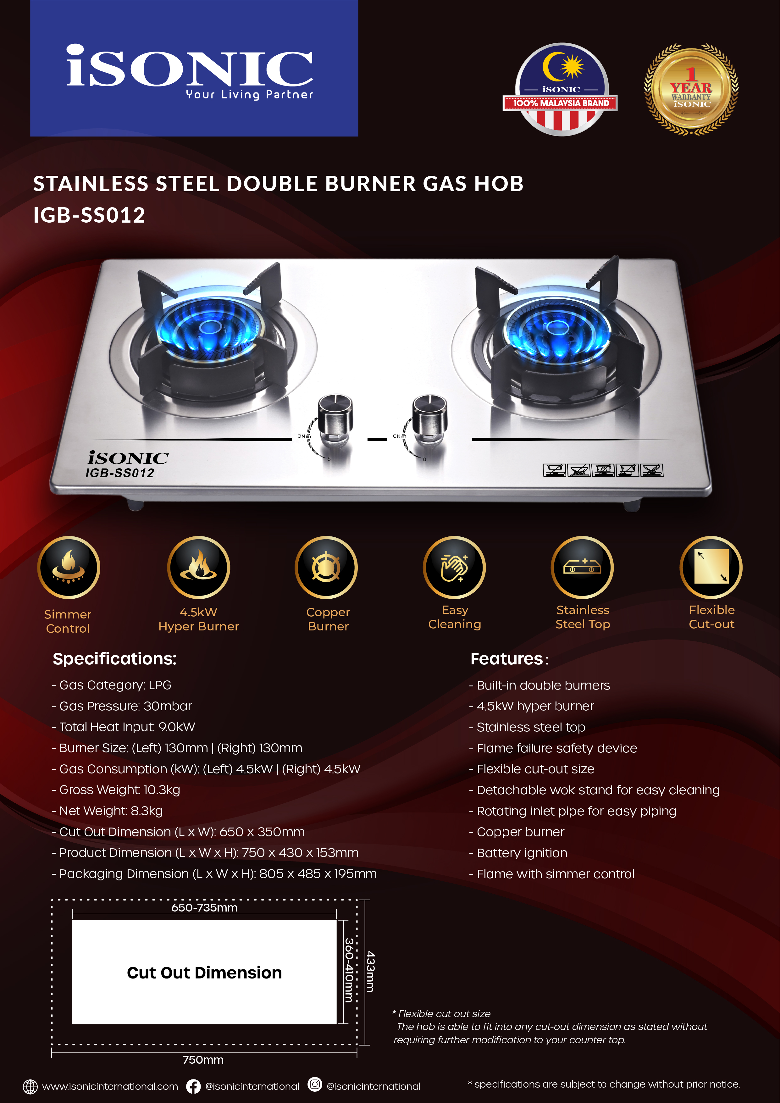 ISONIC IGB-SS012 STAINLESS STEEL DOUBLE BURNER GAS HOB-01