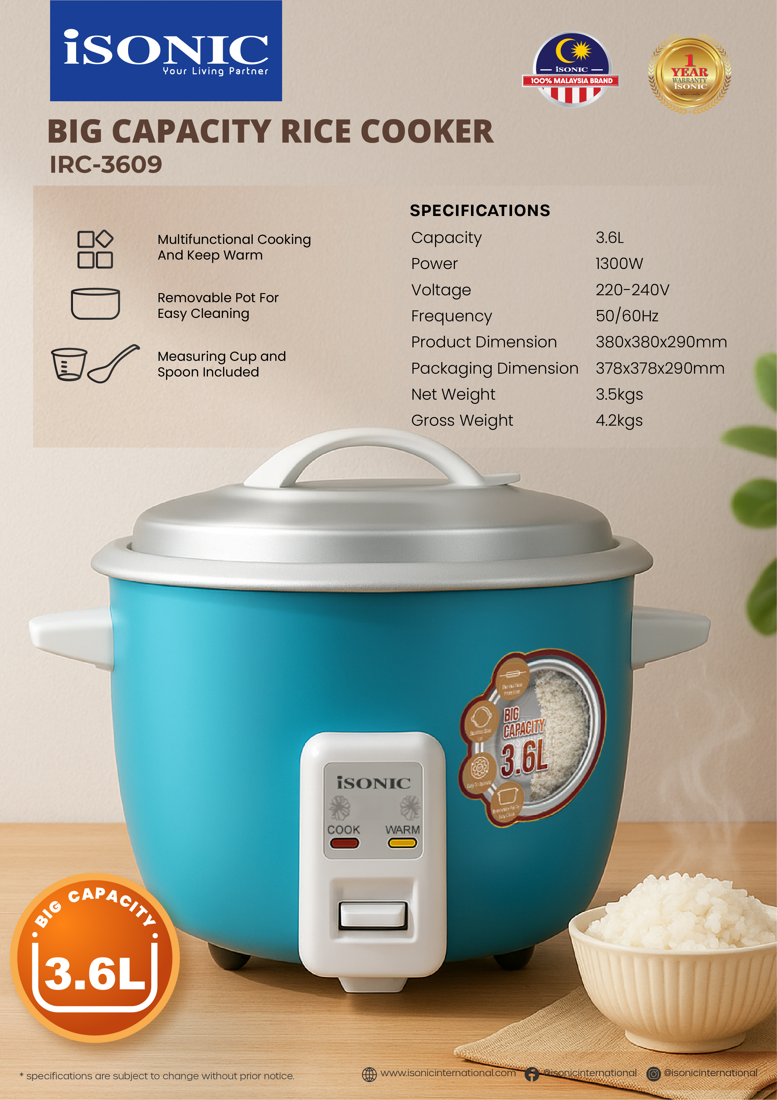 ISONIC IRC-3609 RICE COOKER
