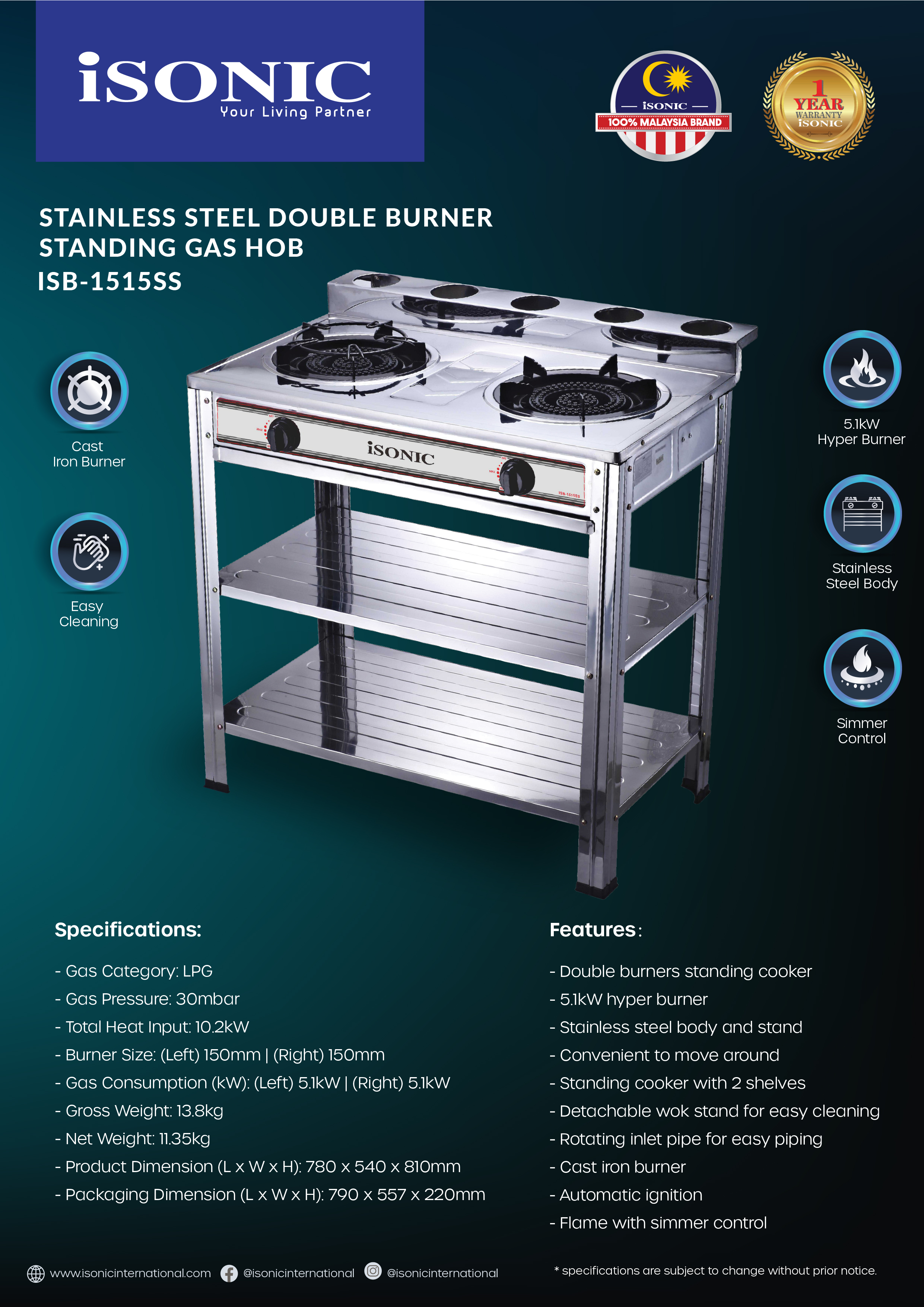 ISONIC ISB-1515SS STAINLESS STEEL DOUBLE BURNER STANDING GAS HOB-01