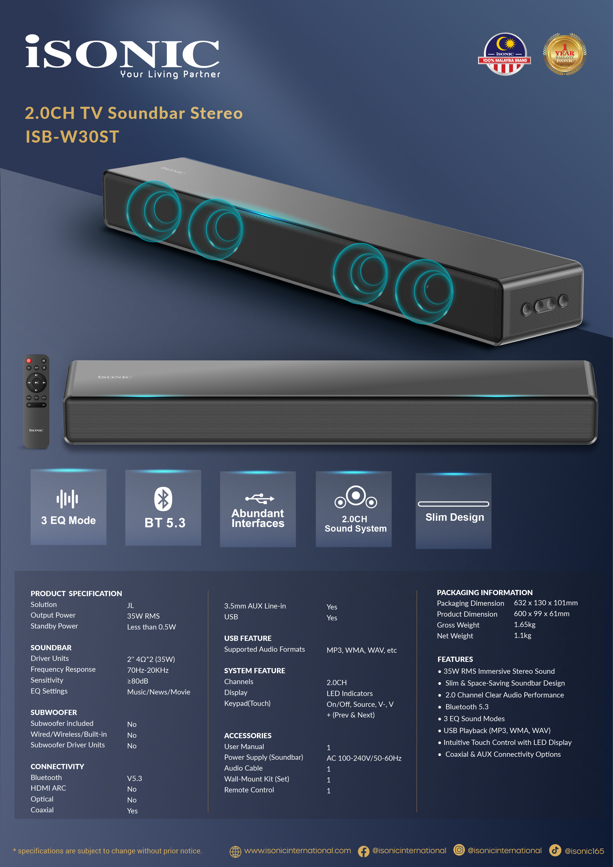 ISONIC ISB-W30ST Soundbar Stereo