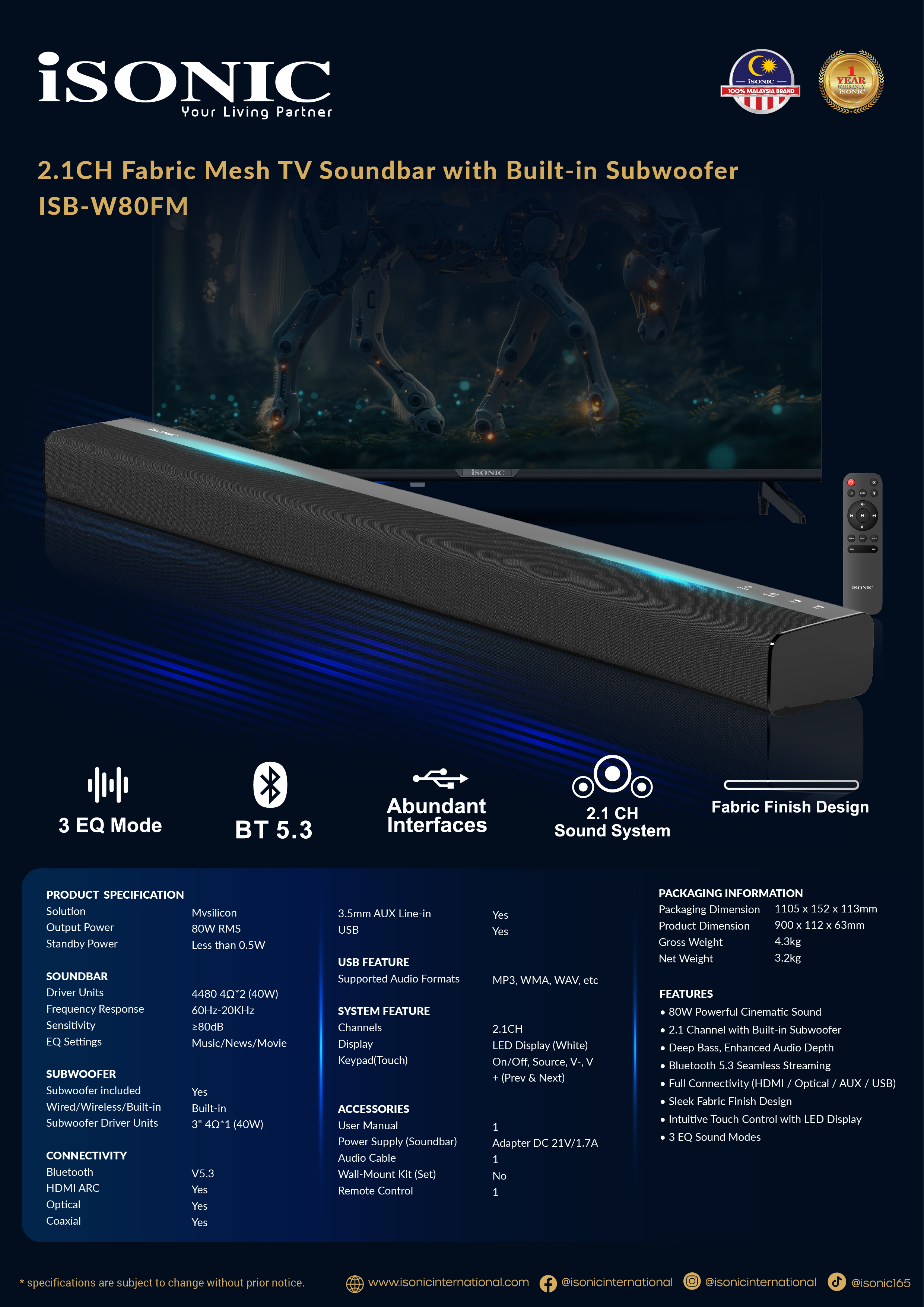 ISONIC ISB-W80FM Soundbar Stereo