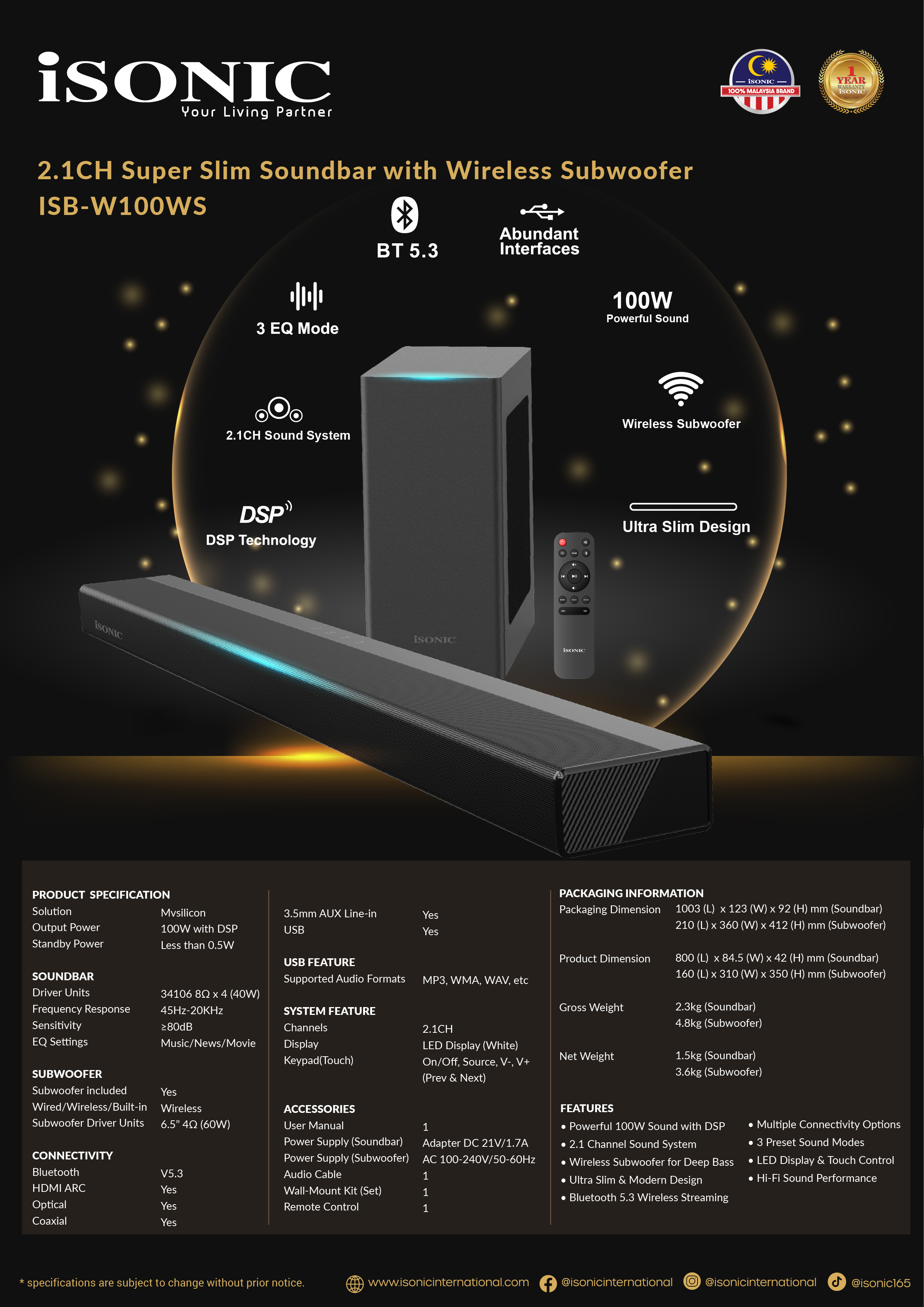 ISONIC ISB-W100WS Super Slim Soundbar with Wireless Subwoofer (1)