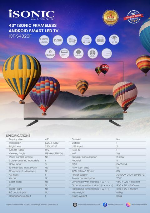 ICT-S4328F 43'' FRAMELESS ANDROID SMART LED TV