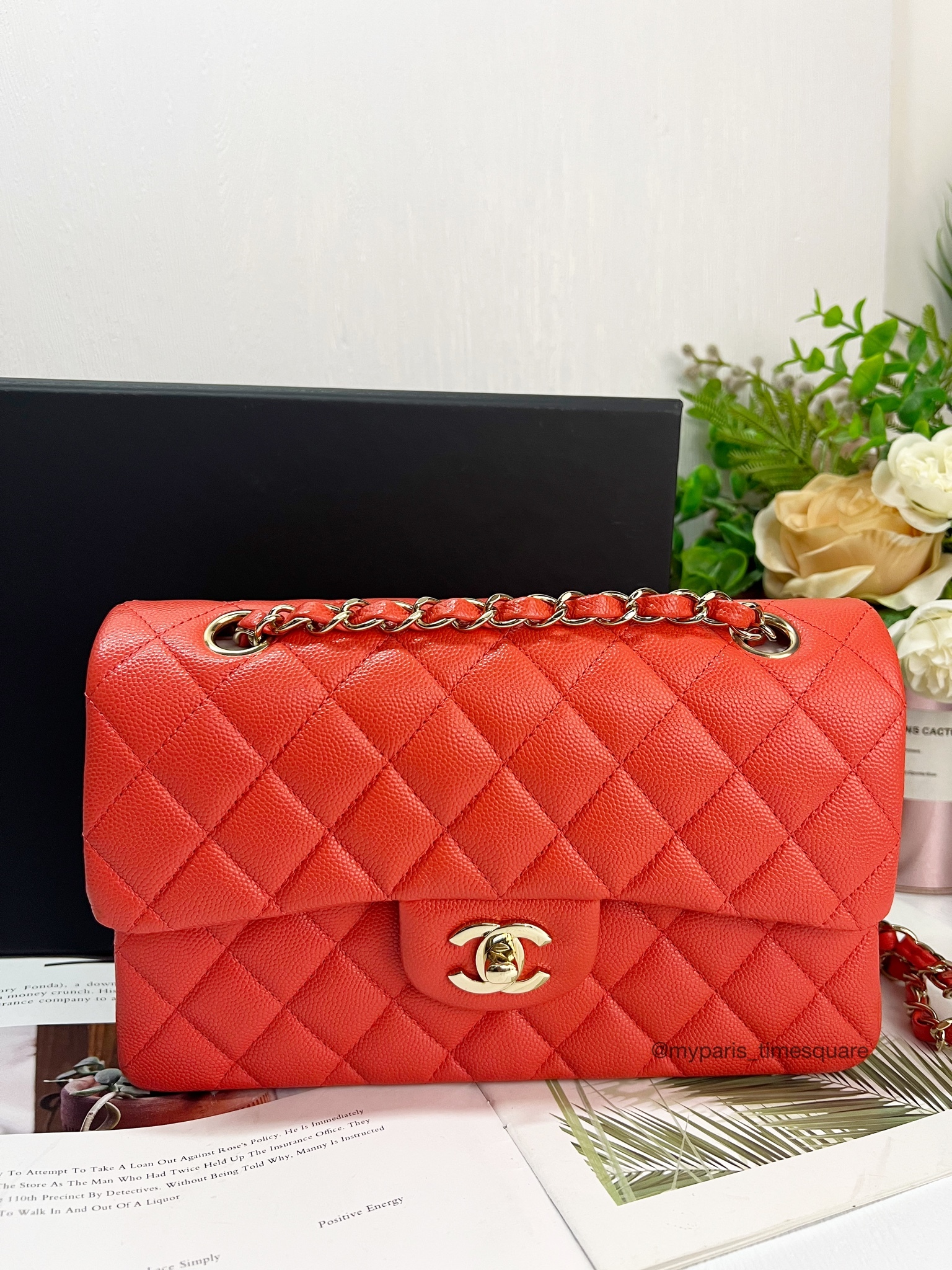 Chanel Orange Red Caviar Classic Double Flap Small