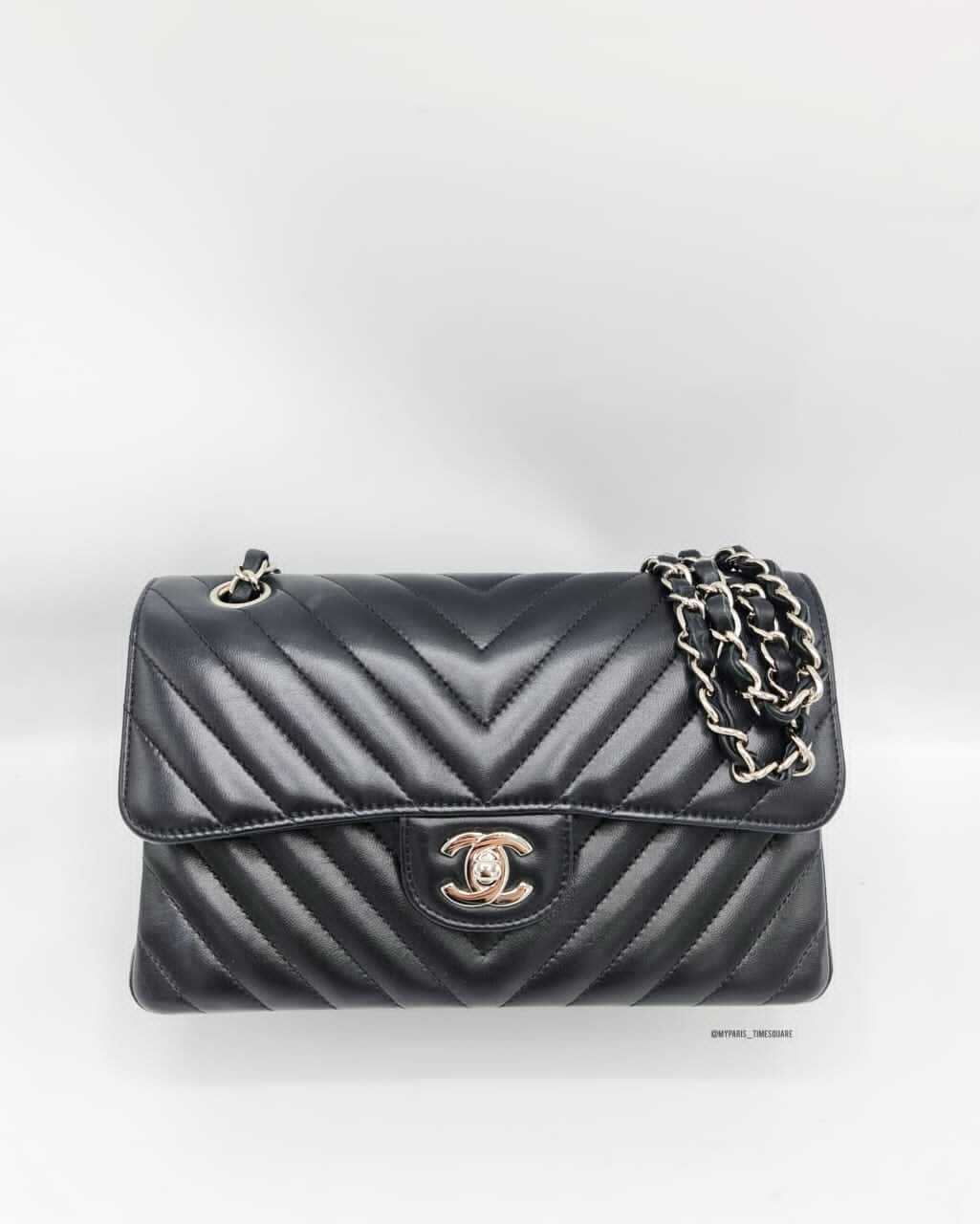 Chanel Black Chevron Calfskin Small Classic Double Flap Silver Hardware   Madison Avenue Couture