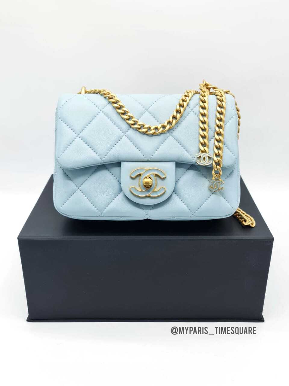 Chanel Light Blue Lambskin Enamel Quilted CC Mini Flap Bag – My