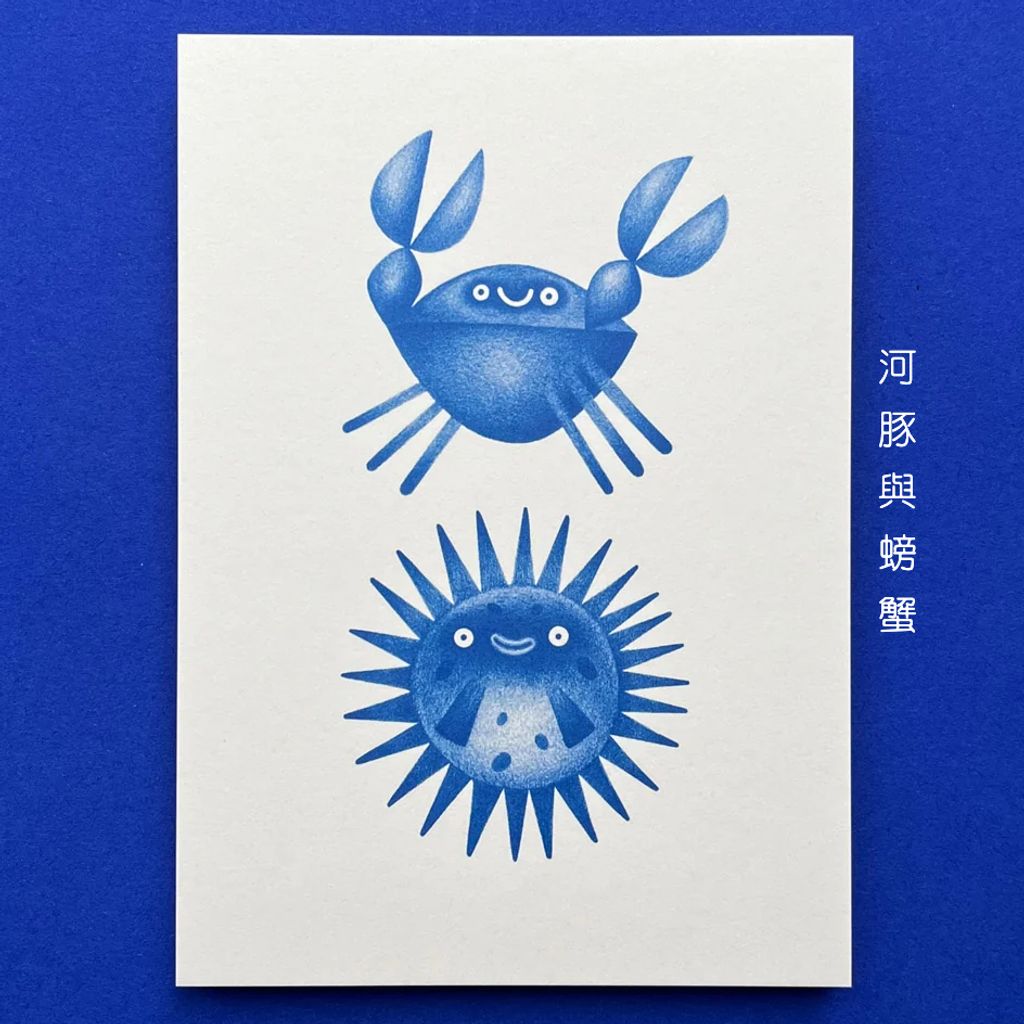 Postcard Marine Life 7 - Fugu a krab 明信片-海洋生物：河豚與螃蟹-fotor-20260803123334