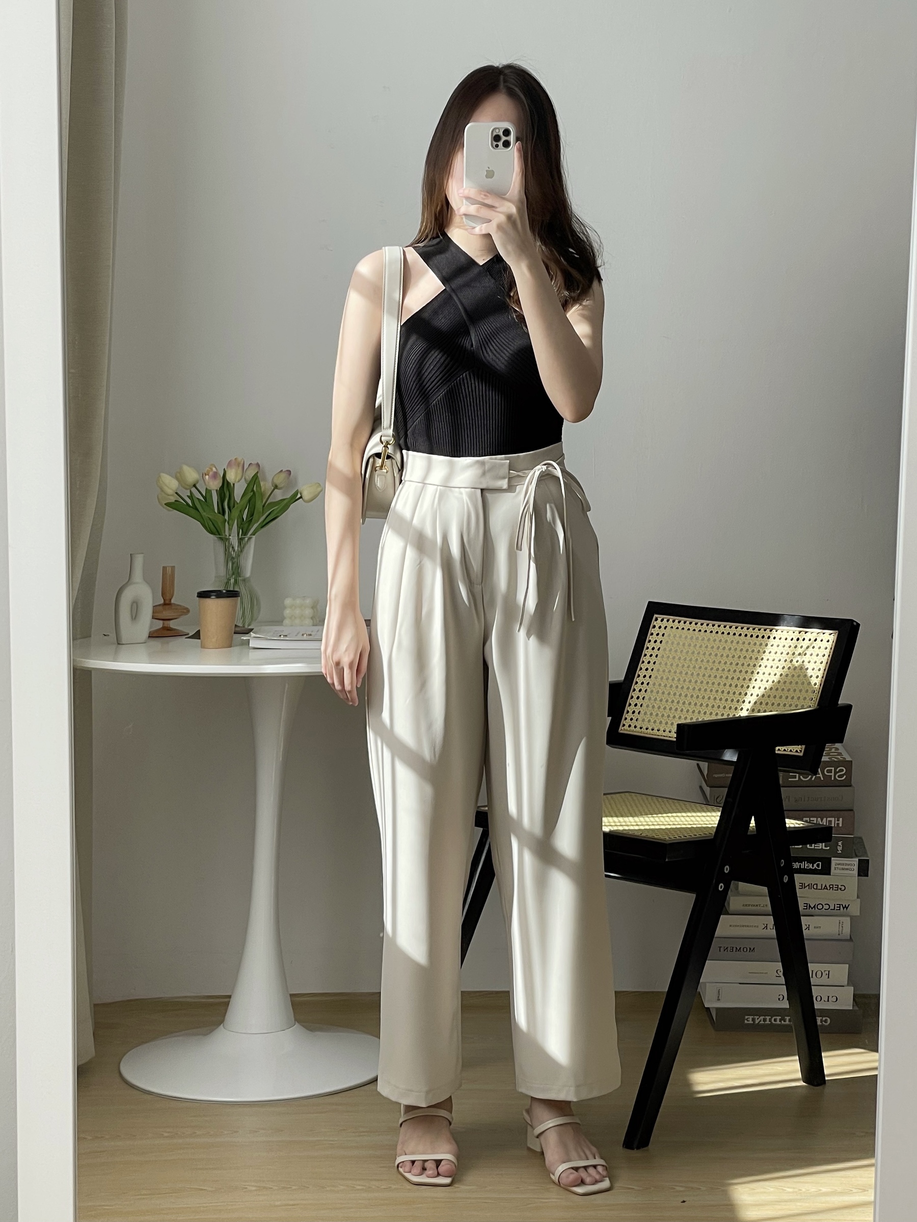 Josie Ribbon Wide Leg Pant (Black,Beige)