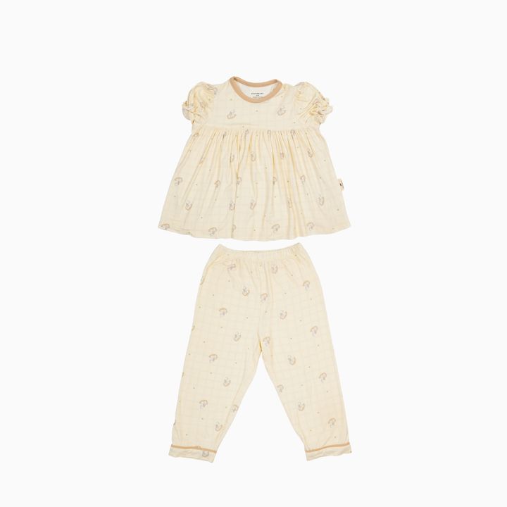 flatlay girl puff sleeve pyjamas pony (cradle&gallop)