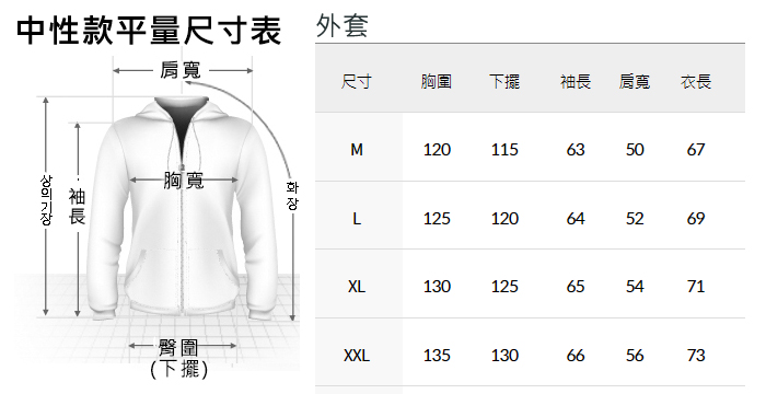 中性款23601平量尺寸表-外套