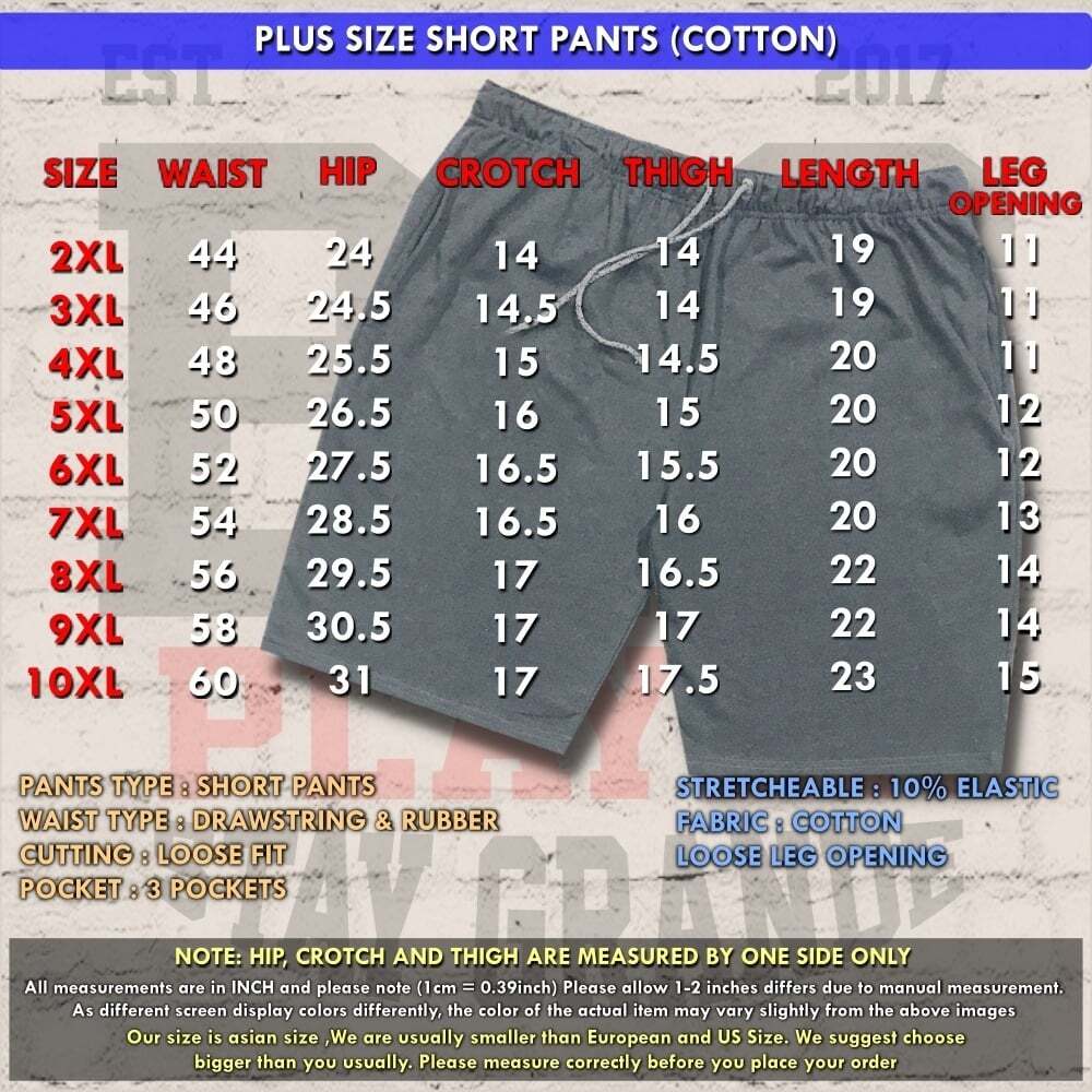 SHORT PANTS SIZE CHART