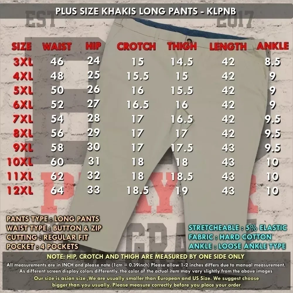 SIZE CHART KHAKIS