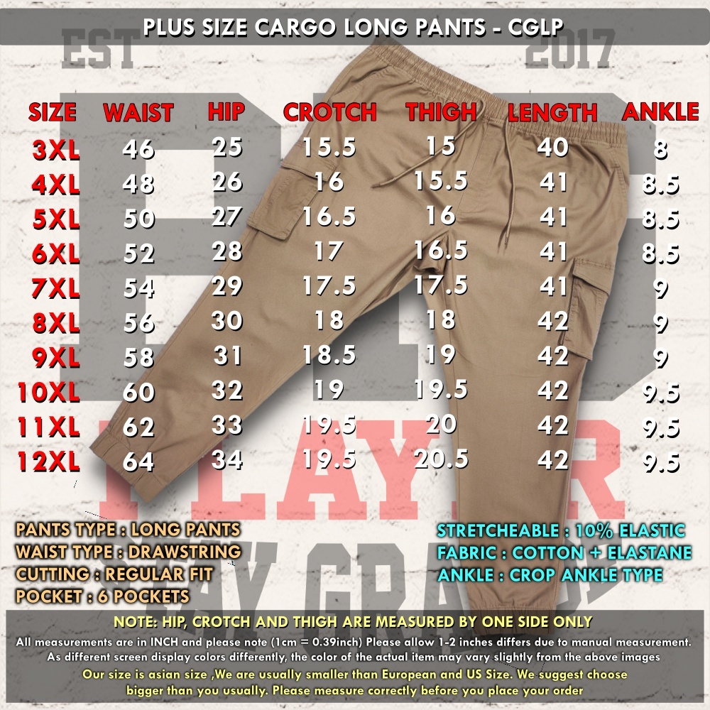 SIZE CHART CARGO LONG PANTS TN