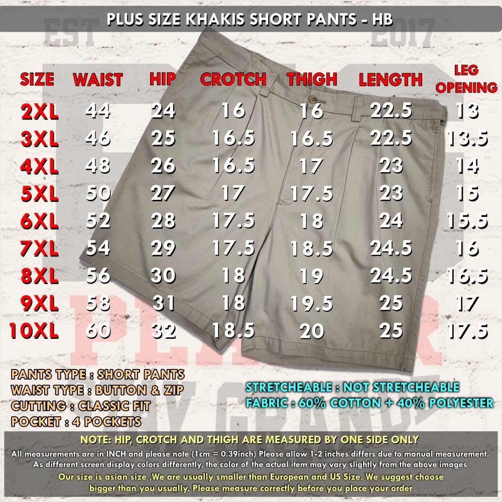 SIZE CHART SHORT KHAKIS HB