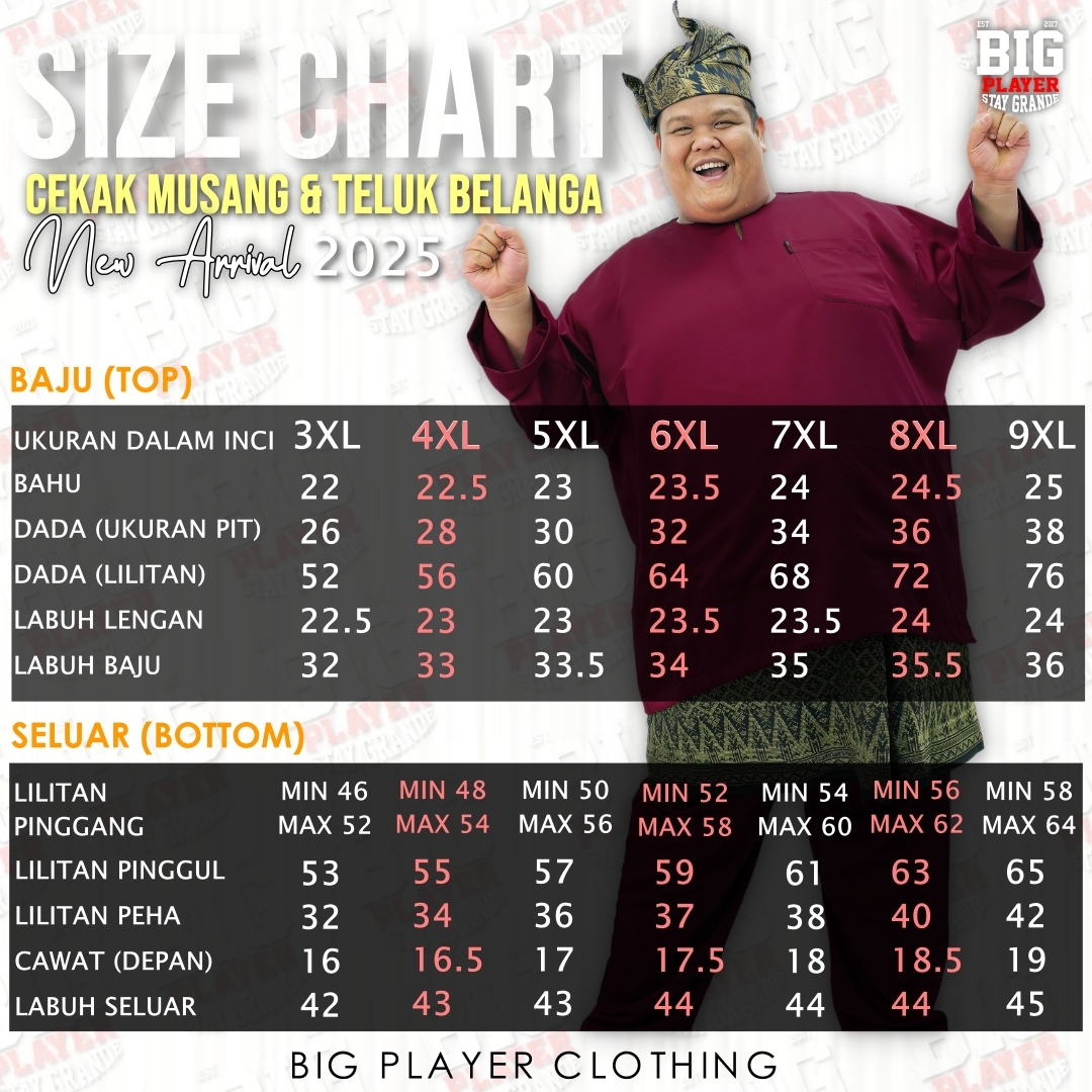 SIZE CHART BAJU MELAYU 2025