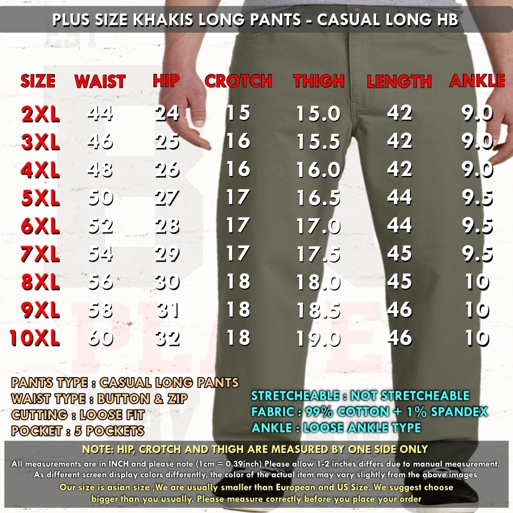 SIZE CHART CASUAL LONG PANTS HB