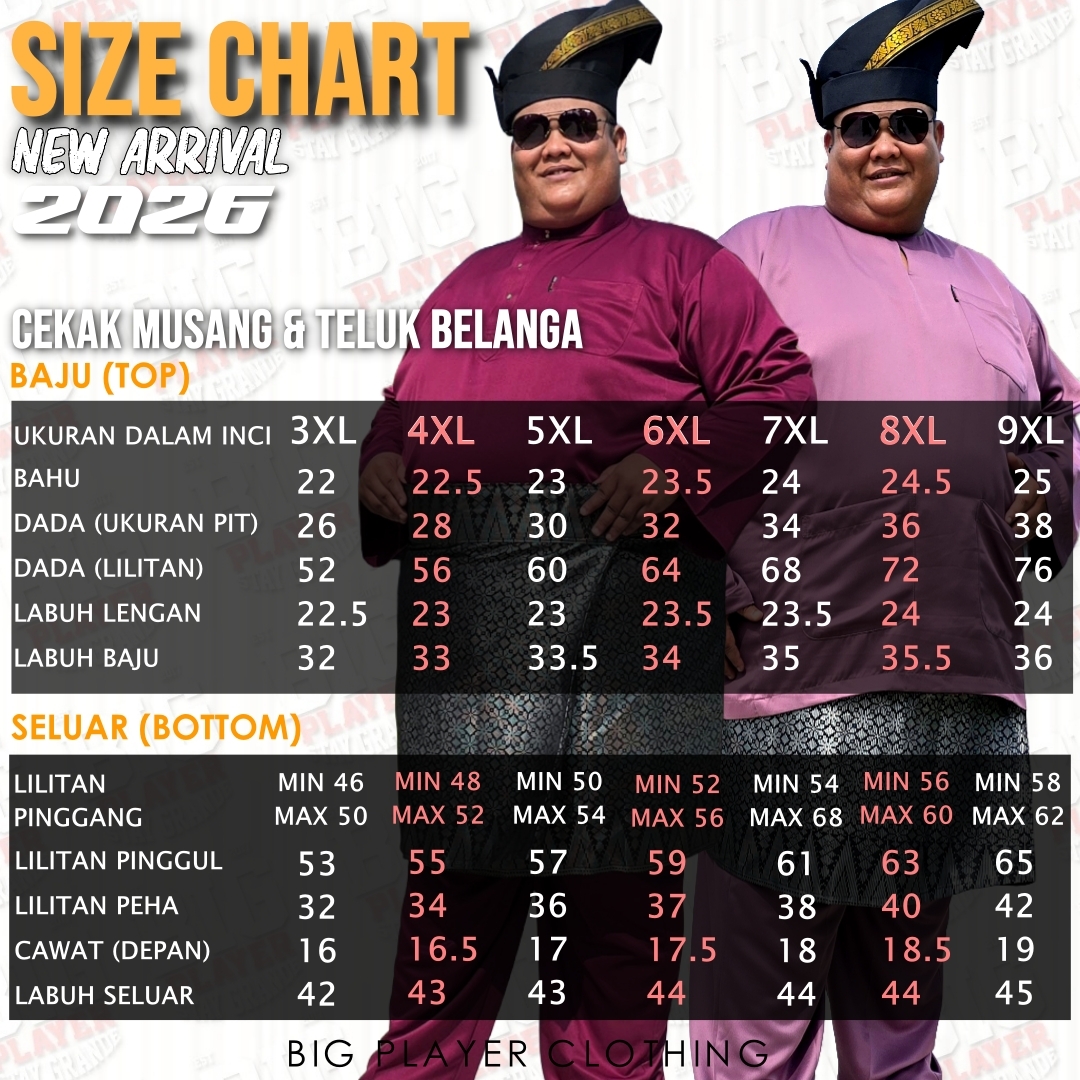 SIZE CHART BAJU MELAYU 2026