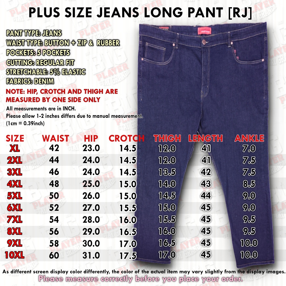 SIZE CHART SELUAR JEANS RJ