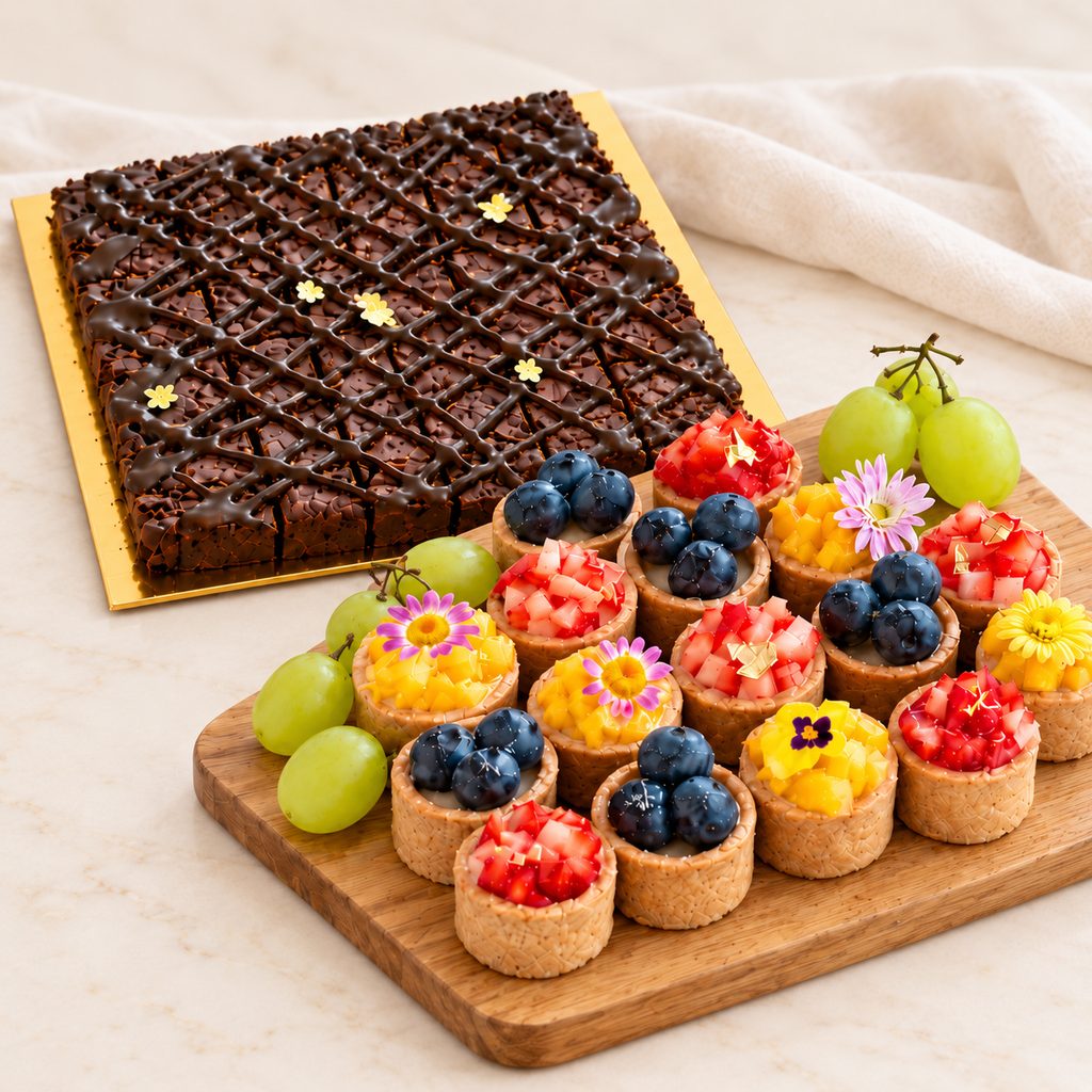 Brownie slab and rustic fruit tarts