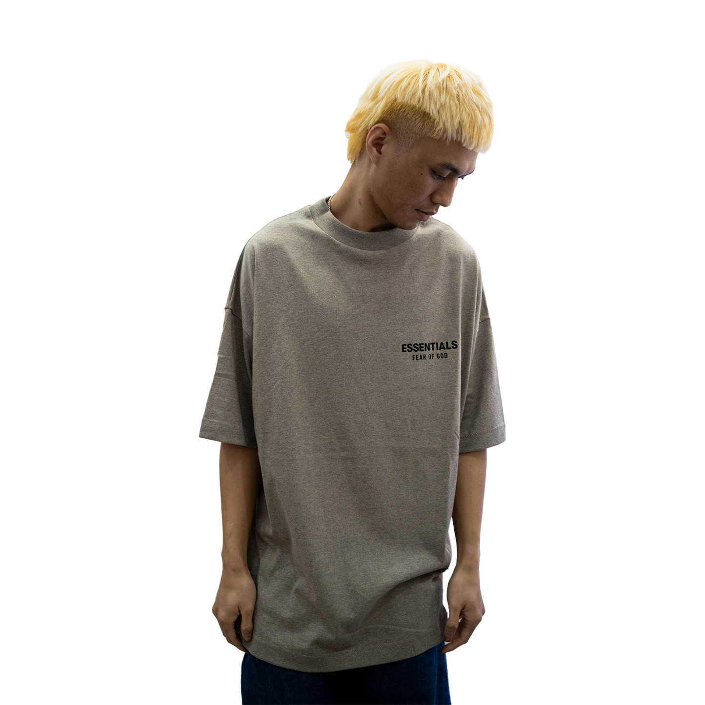 FearofGodEssentialsCoreLogoJerseyCrewneckTeeHeatherGrey_FW24_-ModelFront