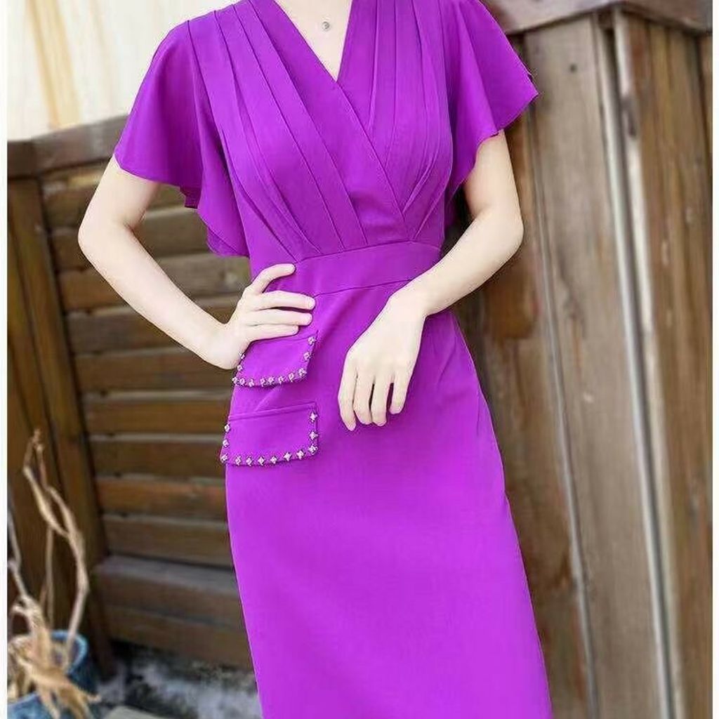 KJ 閃亮服飾 - 韓國桃紫色時尚名媛造型V領洋