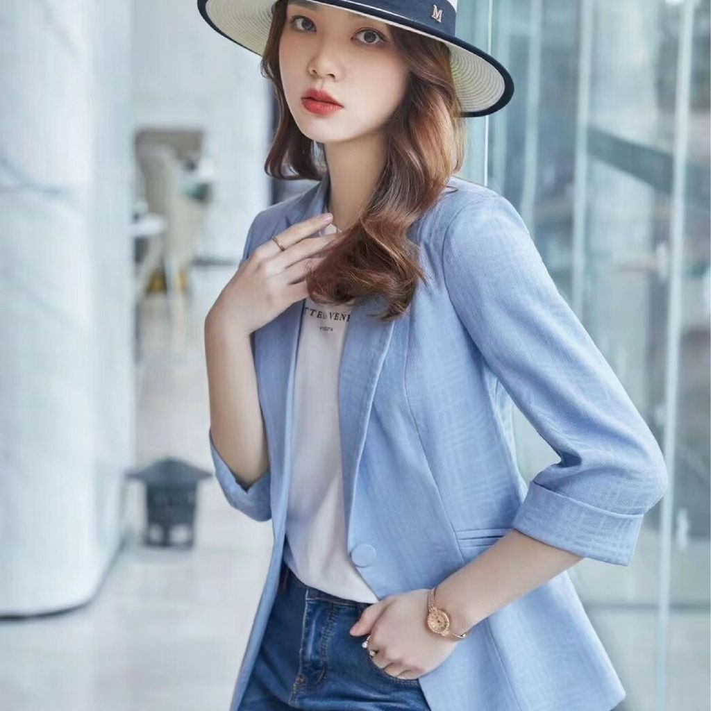 KJ 閃亮服飾 - OL風格❤淡藍色格紋壓紋西裝外套