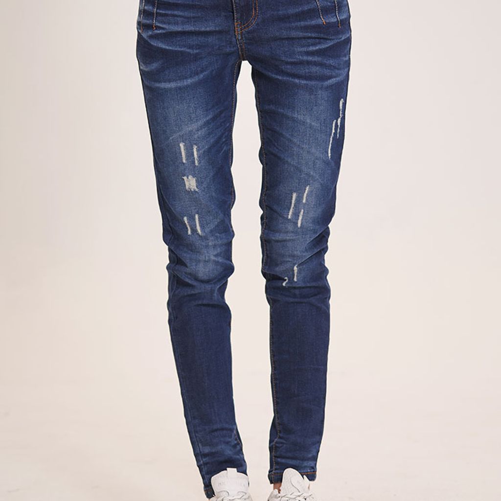 K&J 閃亮服飾 - 復古藍時尚刷紋彈力小直筒牛仔褲