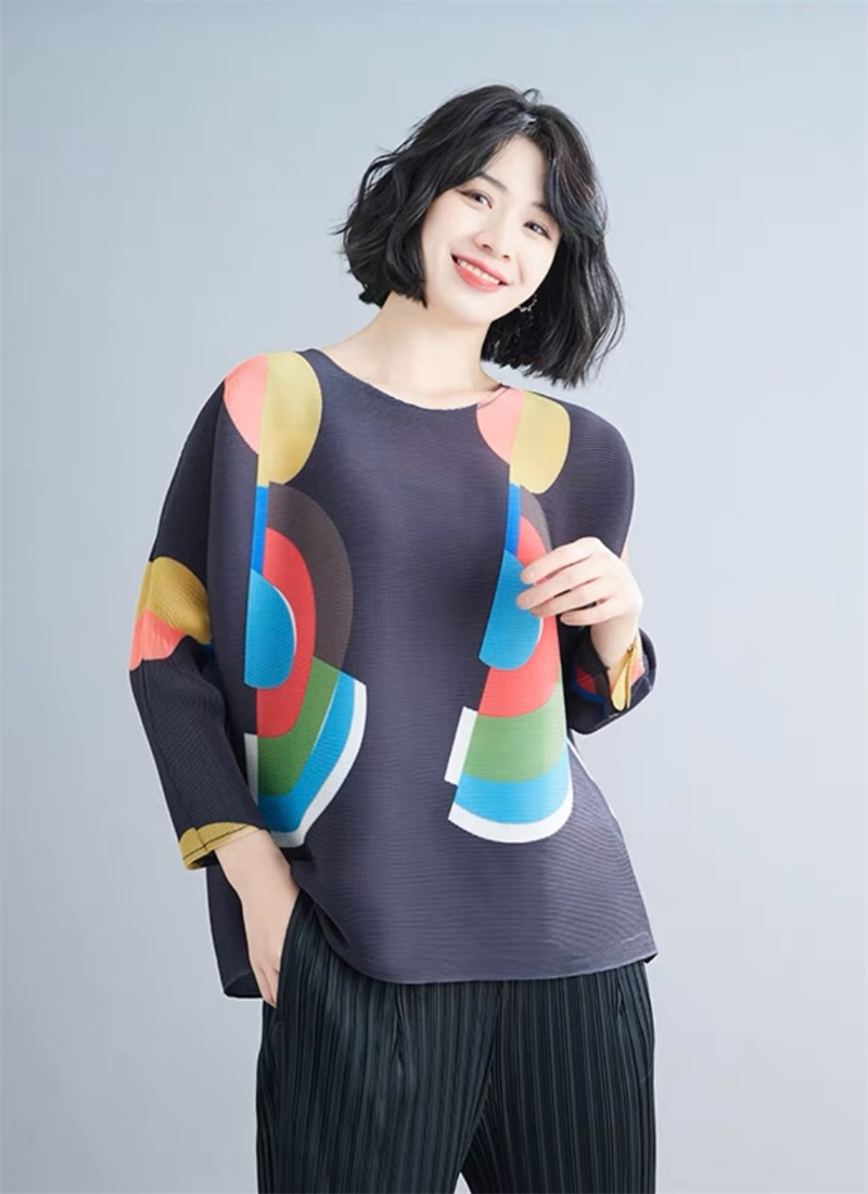 韓國彩色幾何圖形壓摺造型上衣 (3)