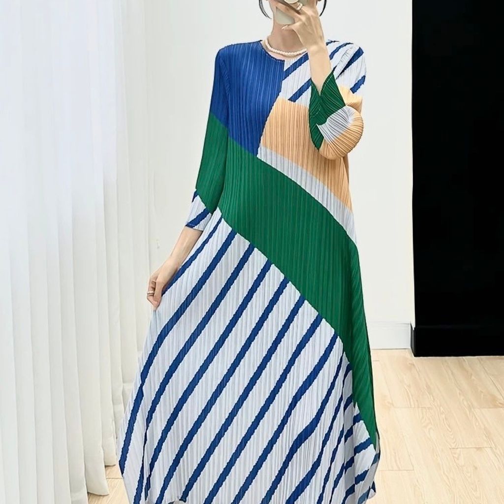 K&J 閃亮服飾 - 韓國時尚印花條紋拼色壓摺長洋