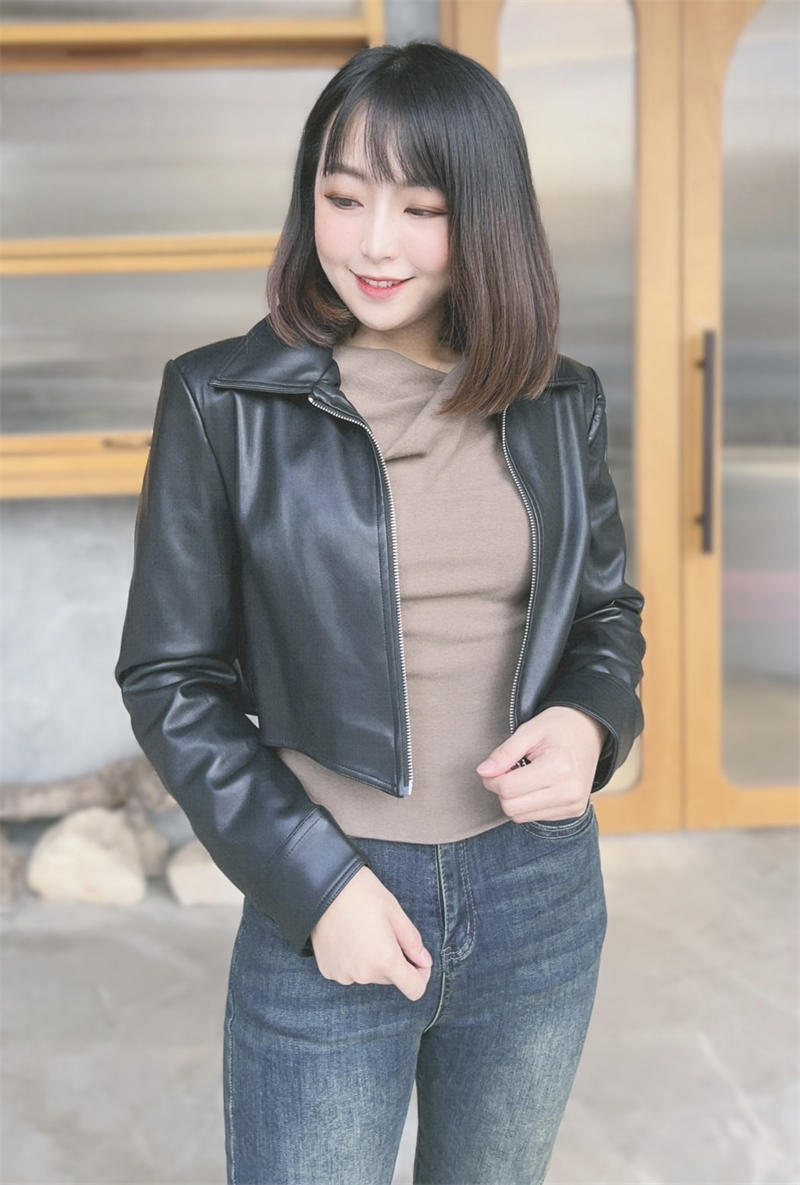 時尚簡約短版皮衣外套 (黑色) (2)
