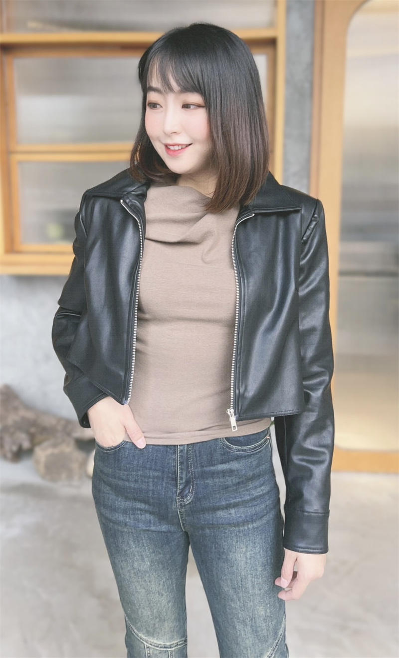 時尚簡約短版皮衣外套 (黑色) (3)