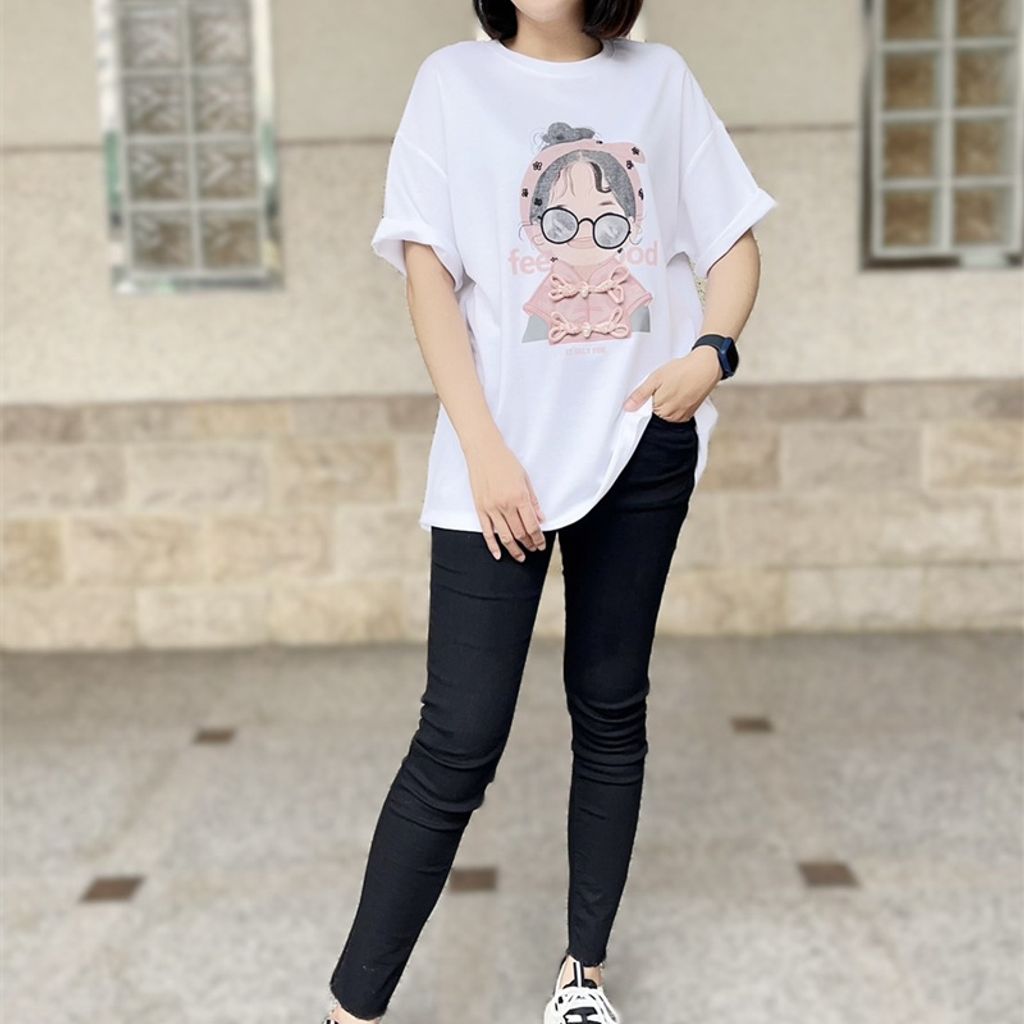 K&J 閃亮服飾 - 丸子頭女孩中國結長板棉T 韓版短袖 上衣 女生 衣服 顯瘦短袖 T恤