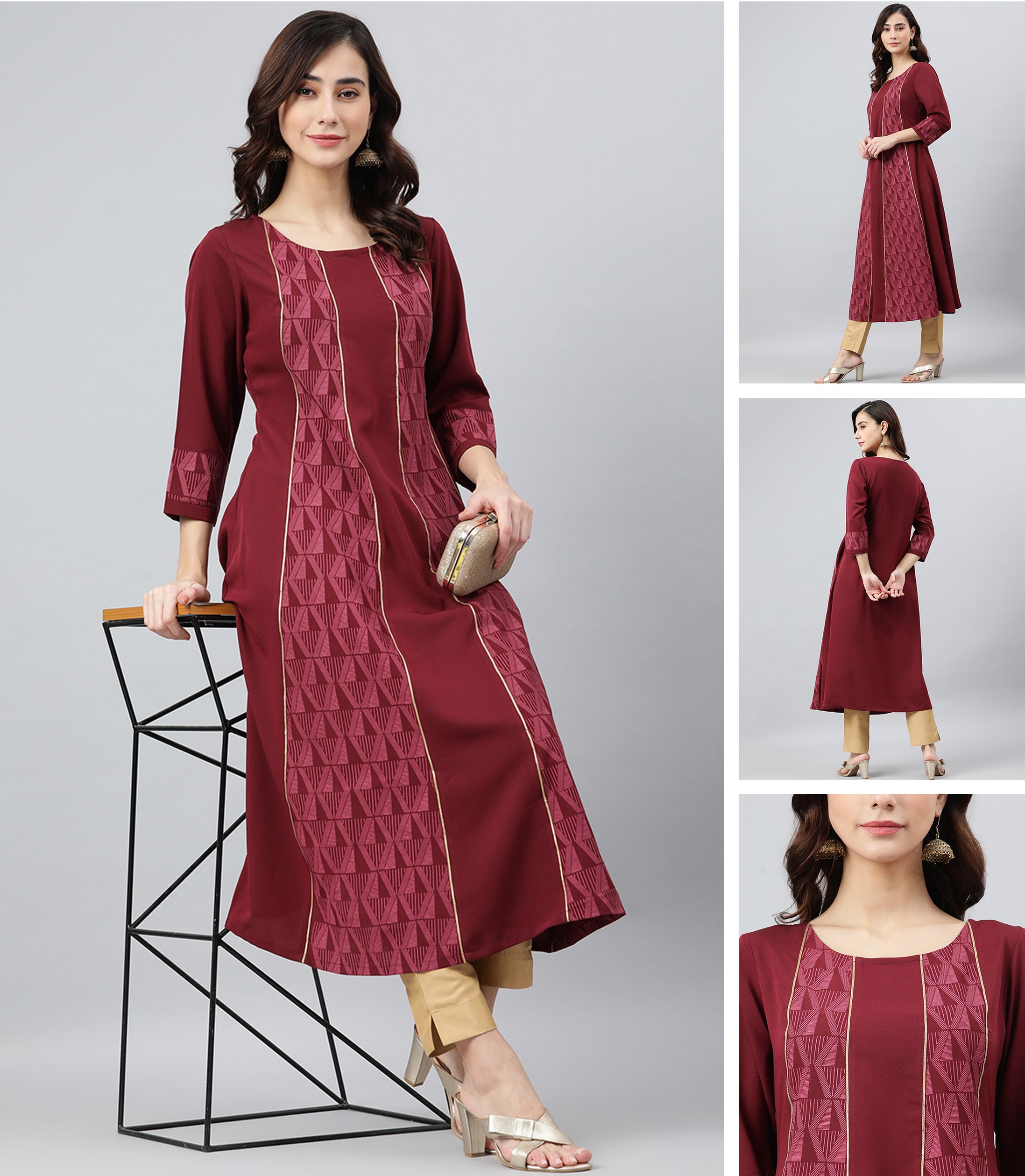 Maroon Colour Collar Neck Kurti Designs with Front Button