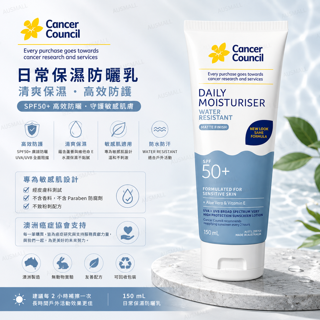 Cancer Council SPF 50+ 日常保濕防曬乳 SPF50+ 75mL : 150mL（4小時防水）