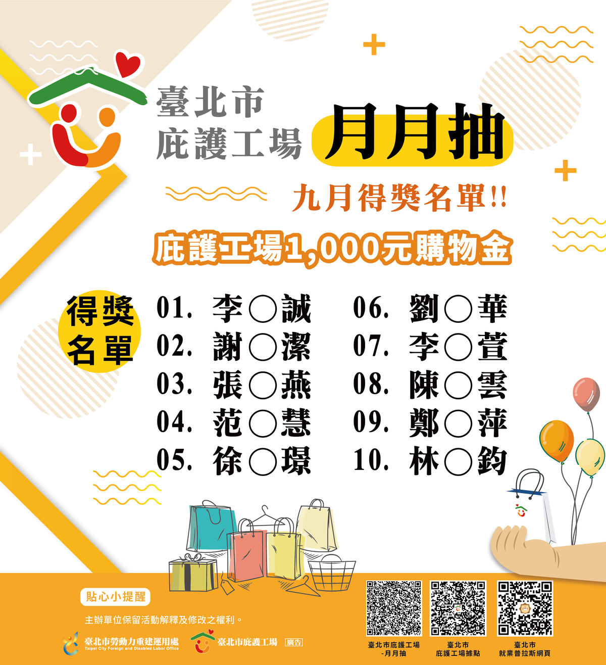 全站再送!!!臺北市庇護工場月月抽10位幸運兒!獎金共1,000元!